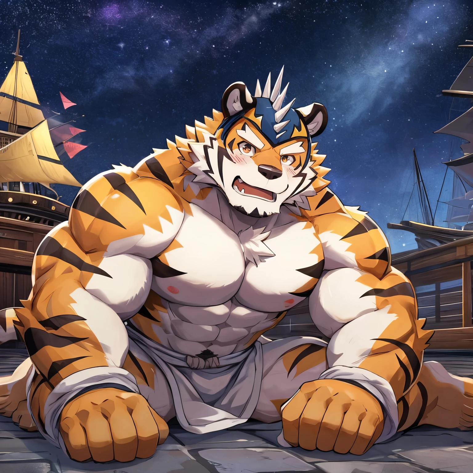 masterpiece,high quality,anime,detailed eyes,furry male White Tiger, Ryekie, Great physique,strong arms manly, flying ship, sit on the ground, , (Night), Shimmering Stars, Surrounded by colorful stars，bathrobe，shameful, blush，cute，chest decreation