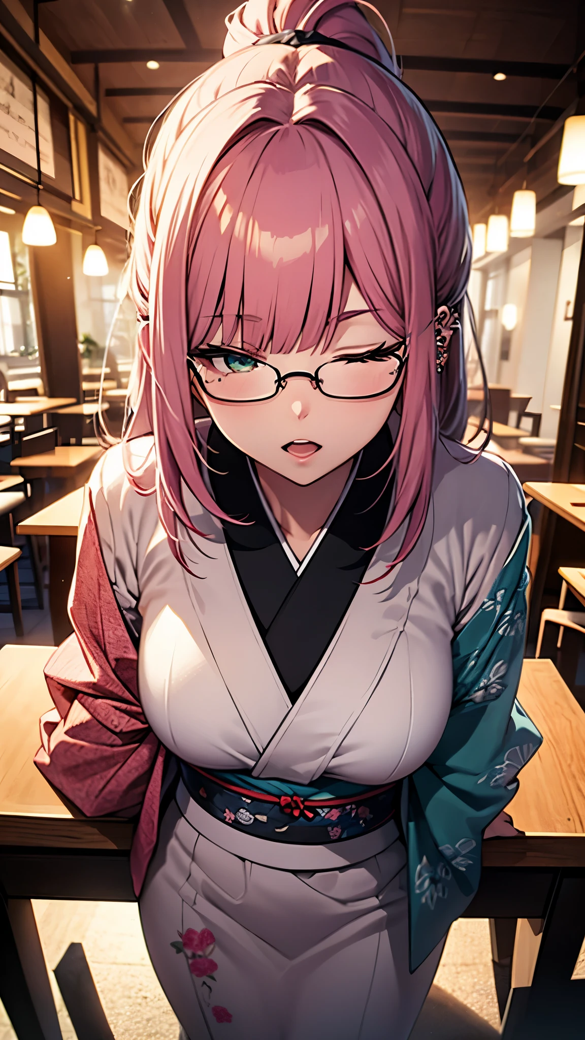 (1girl:1.3), Masterpiece, Best quality, amazing beauty, [[3D]], 4K, absurdres, finely detail, super detailed eye, perfect anatomy, official art, cinematic lighting, BREAK, japanese coffee shop, silky ponytail, blunt bangs, pink hair, super shiny detailed green eyes, big eyes, eyes closed, thin eyebrow, Gazing at Something Off-Frame, open-mouth, thin lips, pink lips, eyewear, piercing, eating a rice ball, sitting chair, BREAK ,usually, tall, slim, white skin, Sidelighting, shoot from above, BREAK , Flower-patterned Kimono, BREAK,(Glasses)
