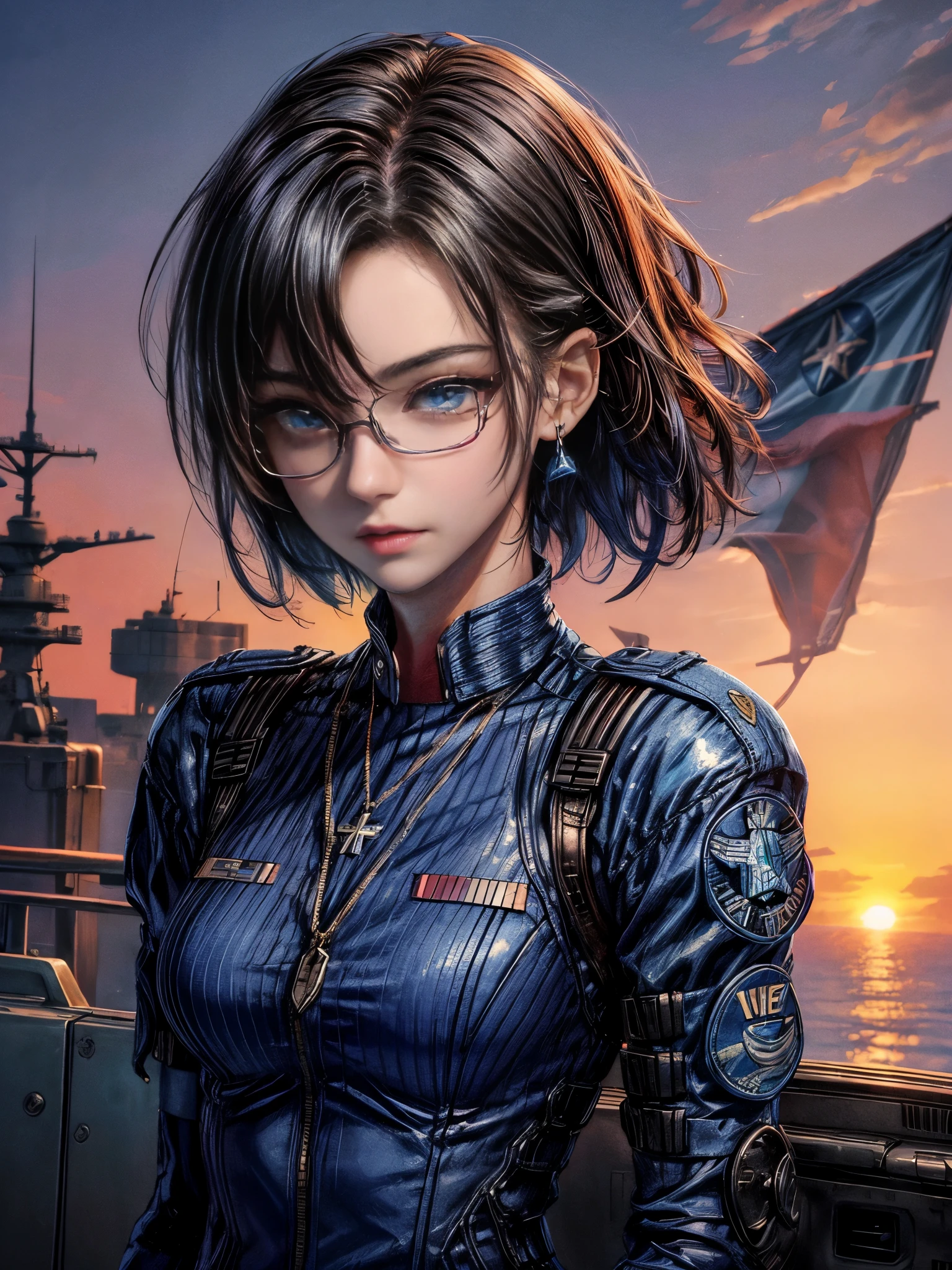 Cinema Lighting、highest quality,Cyberpunk World、1 female、(Beautiful 25 year old woman、Beautiful facial details 、Short Hair、part、Blue Eyes:1.4)break,（Glasses）（vivid Shiny Black Hair Color:1.6）
break
 (Air Force Cosplay、air force uniform:1.4),(necklace)、break.（Black Hair）BREAK
（evening、Sunset🌇、On an aircraft carrier、After work:1.2）（sunset、evening:1.5）（Portrait Angle）