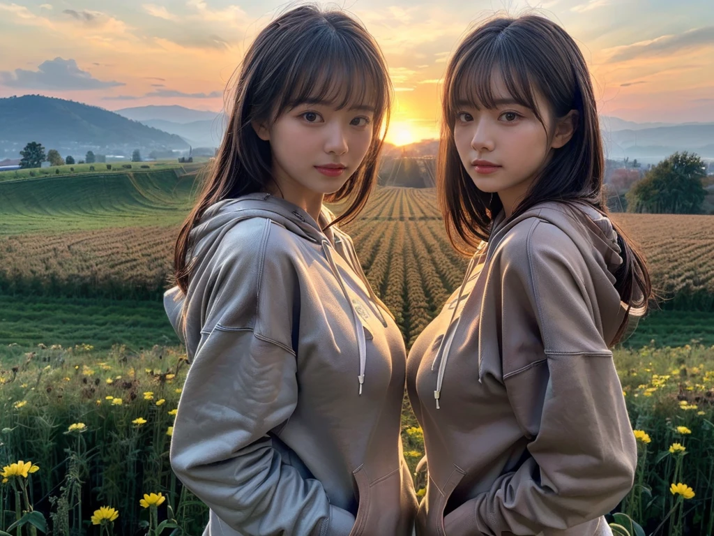 ((top-quality、8K、masterpiece:1.3))、1girl in、Beautiful woman standing on snowy mountain:1.3、(brown long-haired、Colossal tits:1.4)、(Big Silhouette M51 Field Hoodie:1.5)、Super delicate face、Delicat eyes、double eyelid、Close-up of upper body from below、Sunset、(2girls)