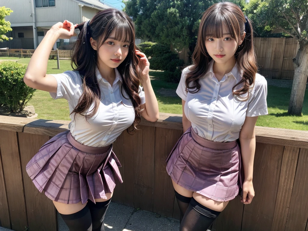 master piece, best quality, illustration, Super detailed, fine details, High resolution, 8K,wall paper, perfect dynamic composition,(Details High quality, realistic depiction of eyes:1.3), (2girls), standing, short hair, (wavy hair:1.2), (short sleeve collared dress shirt,tight skirt,thighhighs,zettai ryouiki:1.4), black hair color, Big Natural Color Lip, bold sexy pose, crying a little, Harajuku style、acrobatic pose, 20 year old girl、cute type、lolita、beautiful legs, gravure idol, Japanese idol, huge breasts