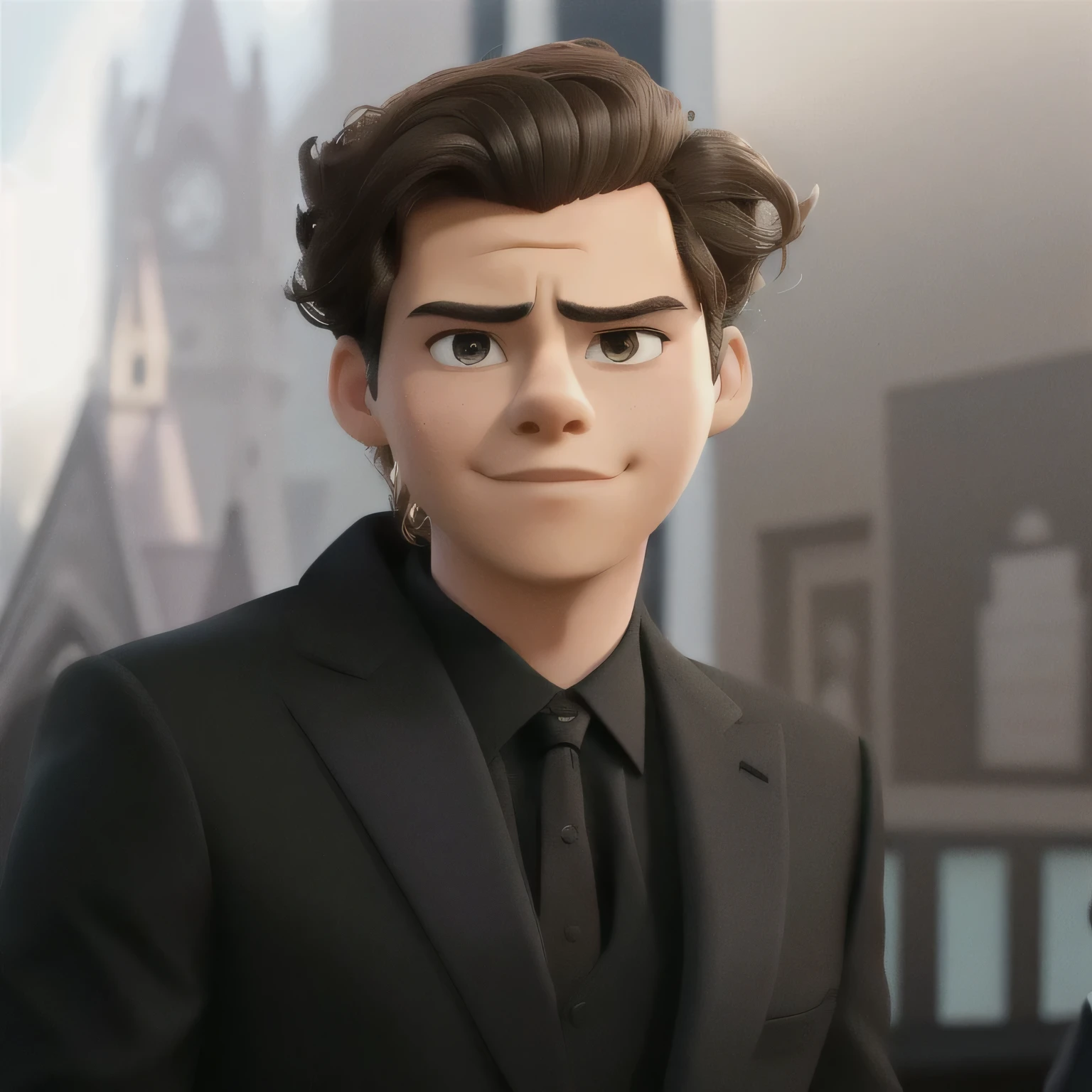 Harry Styles in Disney Pixar style, high quality, best quality, arafed male in a black suit and tie standing in front of a poster, harry styles, in a black suit, he is wearing a suit, he has short curly brown hair, intense look, profile shot, slight smirk, in a suit, intense smoldering, smoldering