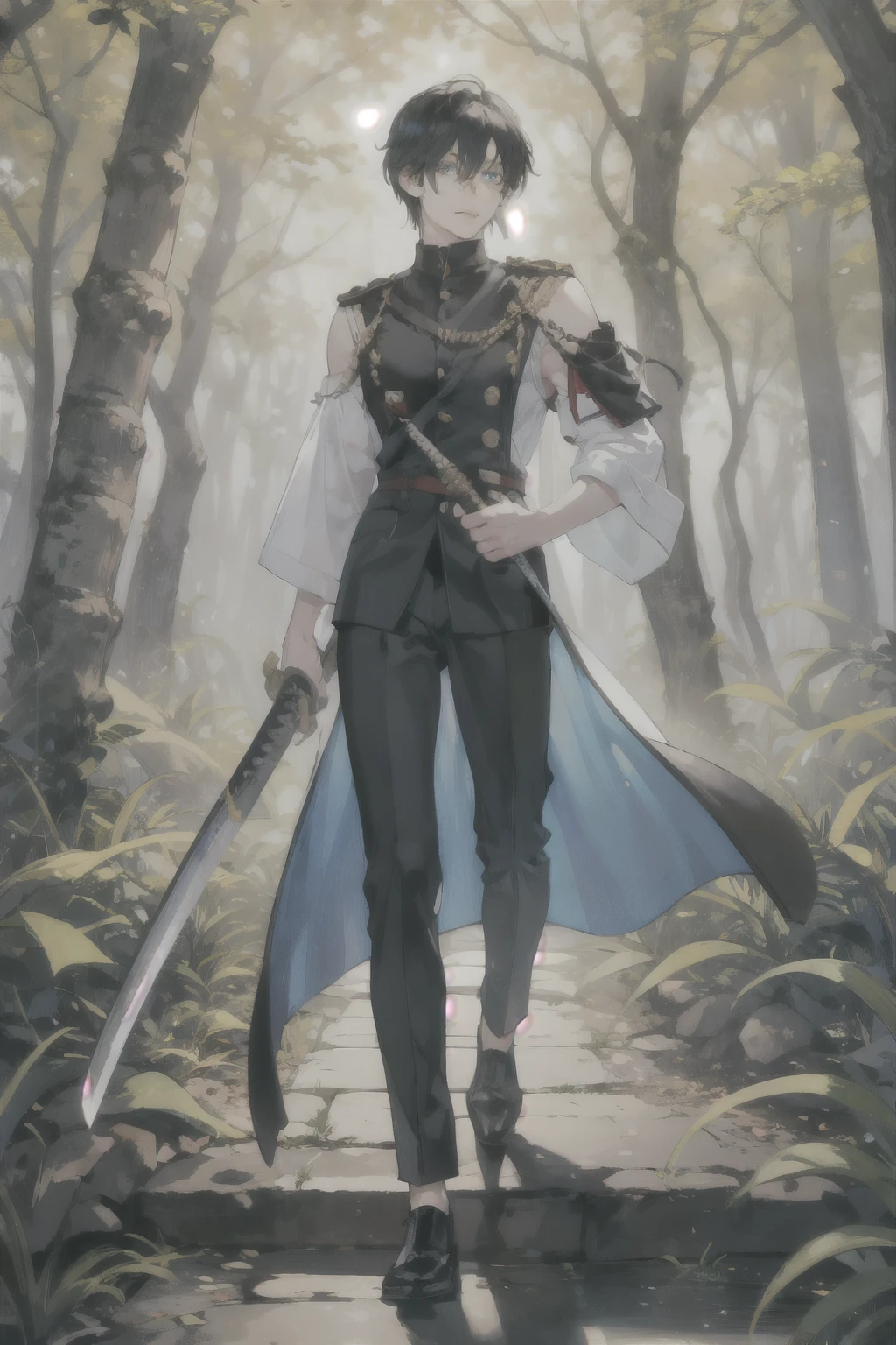 ultra detailed, masterpiece, best quality, (solo man), (male focus), ((Oblong face)), ((Square jawline)), black hair, ((hairs between eyes)), ((shoulder length)), ((narrow blue eye)),
odd eyes, fair skin, skinny body, beauty mark, {uniform, outfit, clothes}, dress shirts, (Giving an insincere smile:0.7), (entangled a big albino snake), (holding katana), in a forest, full body