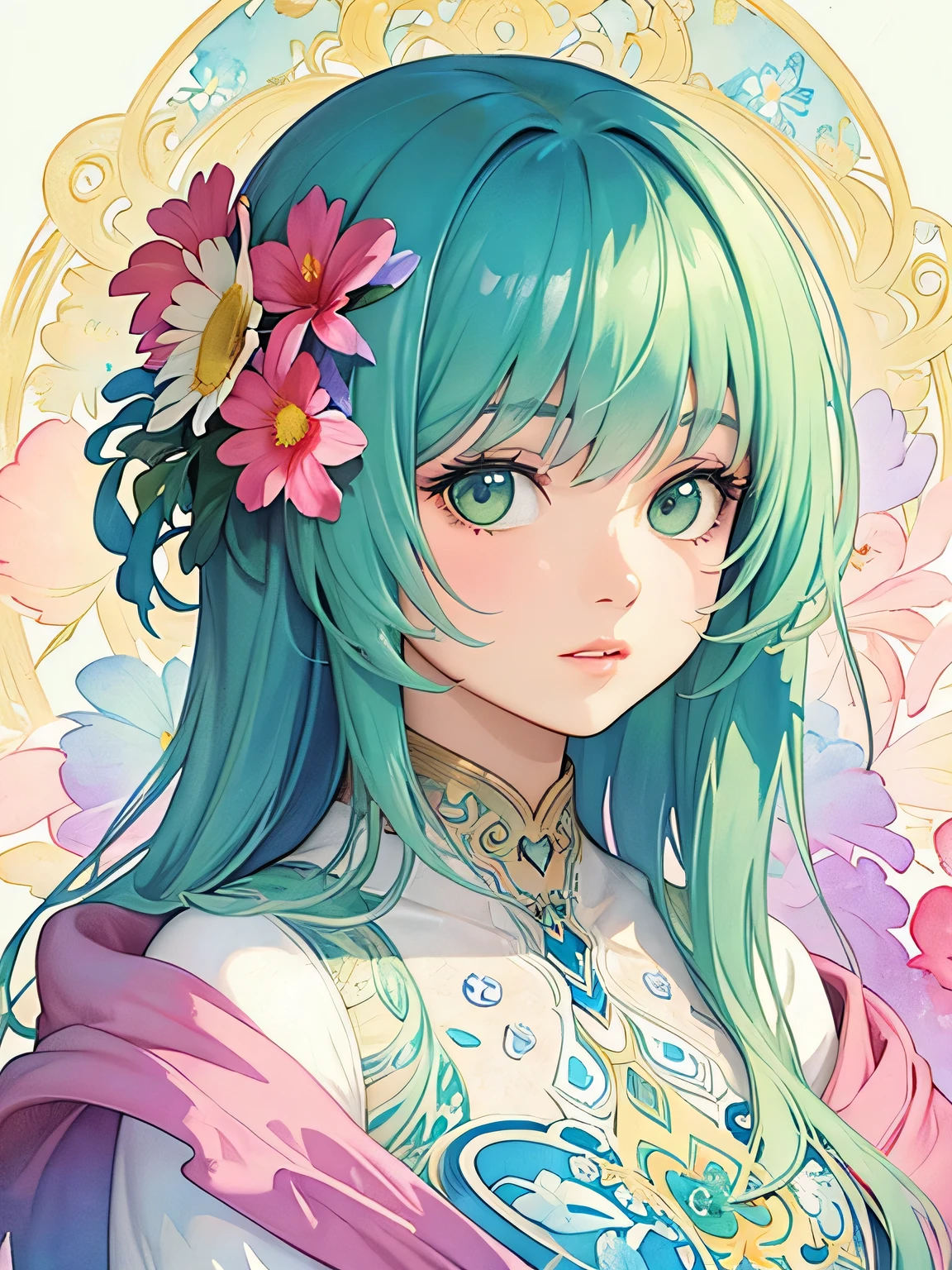 Alphonse Mucha Style、(((stylish fashion))), 8K Quality、Intense watercolor, Detailed watercolor art, Watercolor splash, Surreal, avant-garde pop art, Beautiful and expressive paintings, Beautiful artwork illustration, Very colorful tones, wonderful, Cool beauty, highest quality、Official Art, Vector art, Stylish design, (((The most beautiful girl))), (((highest quality))), HDR, ((detailed)), (((Doodle Art)), ((masterpiece)), ((Super detailed)), (((Colorful flowers))),(((Stylish))),