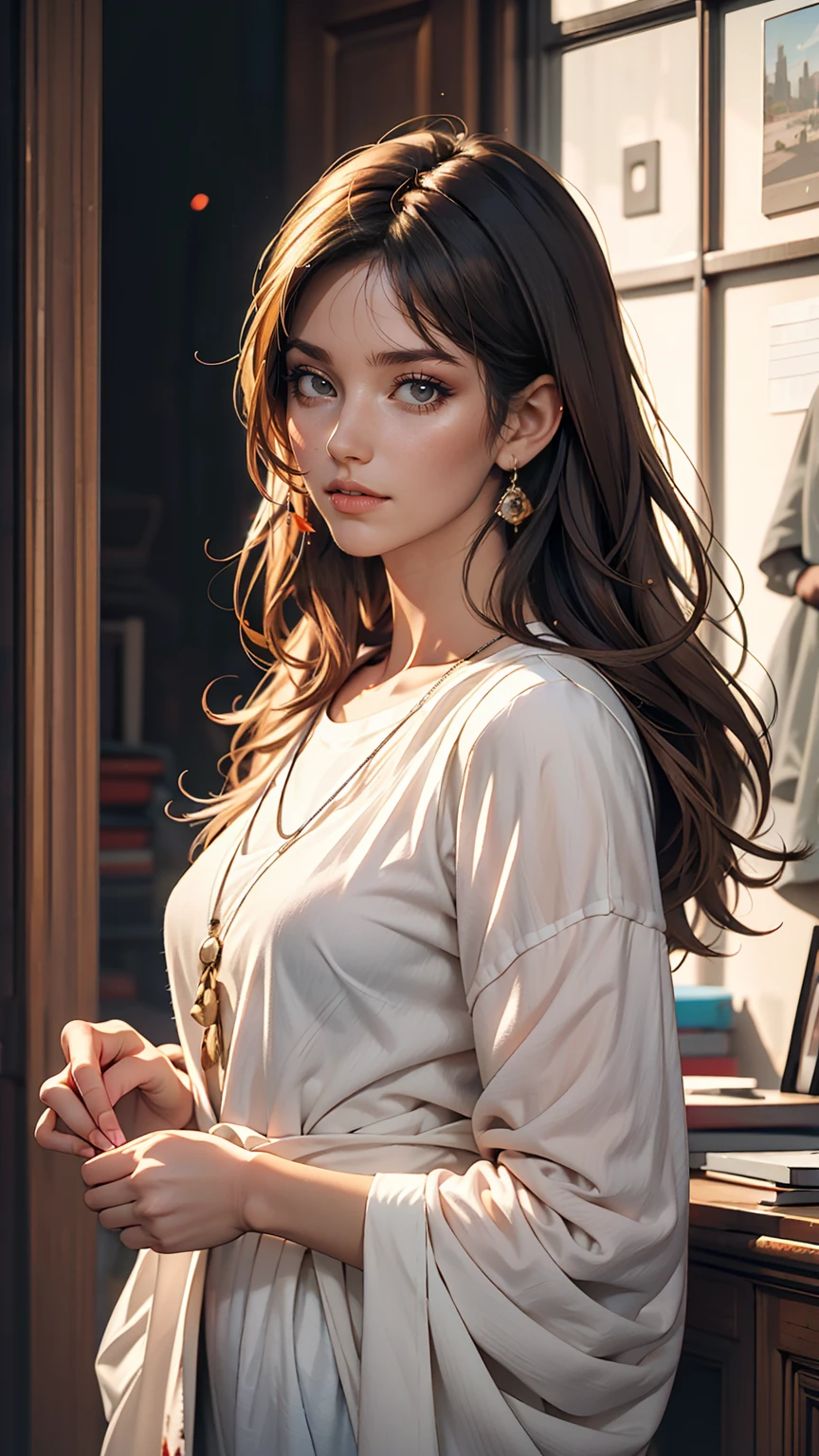 highest quality, masterpiece, Ultra-high resolution, (Realistic: 1.4), (see off: 1.4), (see off: 1.4), Don't look at the camera, RAW Photos, One Girl, Black Hair, (Straight Bob: 1.4), (Patsun: 1.4), bangs, smile, Shiny skin, Dramatic lighting, Neat, T-Shirts, Whitesummer sweater, (big: 0.9), garden