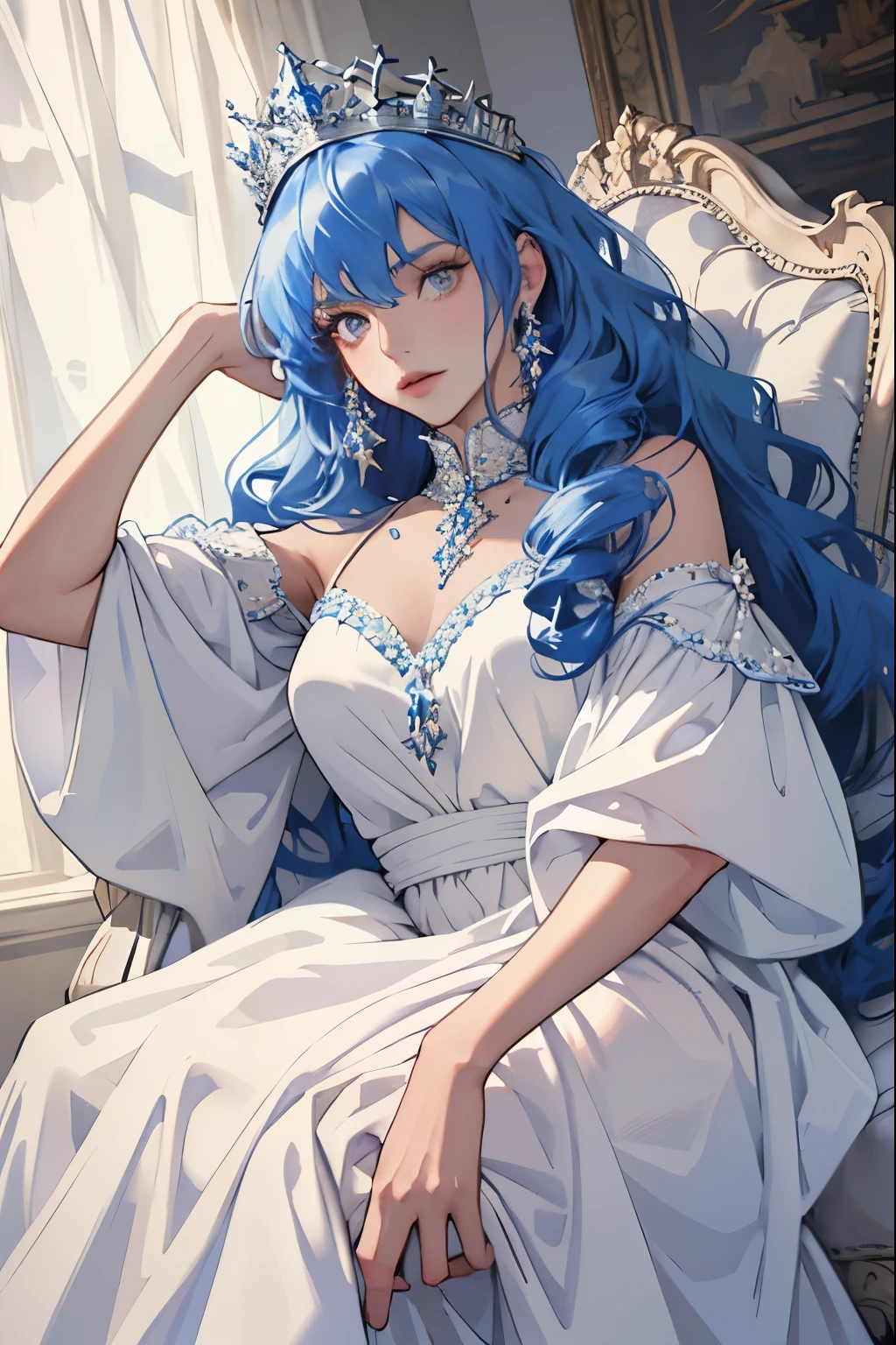 (masterpiece, highest quality), 1 Girl, alone, (Queen:1.15), Blue Hair, Long Hair, curtain, White Dress, Queen&#39;s Dress, Aurora, (sunlight, null, river, forest), Expressionless, Red eyes, (Art Nouveau:1.2), Alphonse Mucha, tiara, (Face focus, Upper Body), (Red Throne:1.12), Very intricate details, Realistic Light, smile