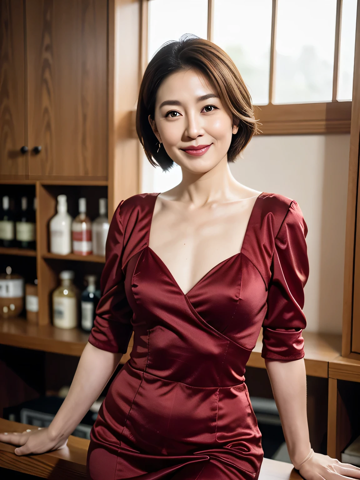 (highest quality, 8k, 32k, masterpiece, Ultra-high resolution:1.2),Beautiful Japanese Women Photos, （standard body type）、（E cup breasts:1.4), Very short bob hair,Full body photo,（bra), （The war room with a bar in the background:1.3), （She is looking at the audience：1.2）、（A kind smile：1.3）、((4５age)),one person,Surreal,