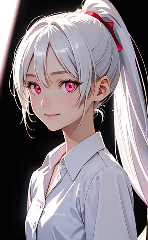 (Photorealistic:1.4)、asuna,(masterpiece、lens flare:1.5、spot light:1.2、Exquisite beautiful eyeonochrome:1.5,portlate、)、Cute Face、 3D Face、(pearl white hair:1.5、Straight Hair)、(low ponytail:1.3),(1 Girl)、(Red eyes:1.2)、(cowboy shot)、(fingersmile),()、 (Cute face:1.2),(small breasts),(),kind face,(pearl white collared shirt),(black background:1.5)、(glowing eyes:1.3)、()、 Neat and clean、Adorable、Slim Body(Tareme:1.5),Shiny Hair、(Glowing pink Skin)、Nijisketch,Manga,zydG