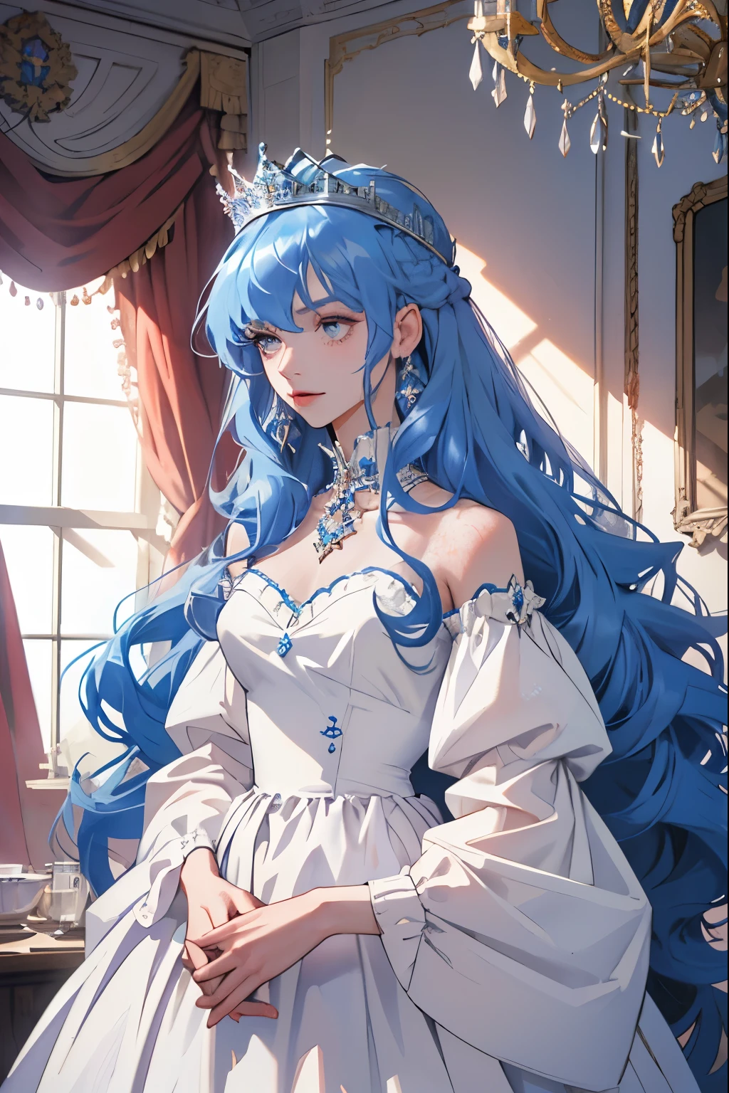 (masterpiece, highest quality), 1 Girl, alone, (Queen:1.15), Blue Hair, Long Hair, curtain, White Dress, Queen's Dress, Aurora, (sunlight, null, river, forest), Expressionless, Red eyes, (Art Nouveau:1.2), Alphonse Mucha, tiara, (Face focus, Upper Body), (Red Throne:1.12), Very intricate details, Realistic Light, smile