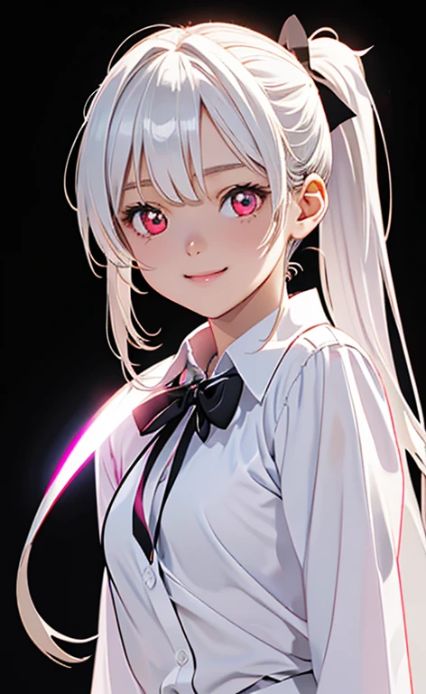 (Photorealistic:1.4)、asuna,(masterpiece、lens flare:1.5、spot light:1.2、Exquisite beautiful eyeonochrome:1.5,portlate、)、Cute Face、 3D Face、(pearl white hair:1.5、Straight Hair)、(low ponytail:1.3),(1 Girl)、(Red eyes:1.2)、(cowboy shot)、(fingersmile),()、 (Cute face:1.2),(small breasts),(),kind face,(pearl white collared shirt),(black background:1.5)、(glowing eyes:1.3)、()、 Neat and clean、Adorable、Slim Body(Tareme:1.5),Shiny Hair、(Glowing pink Skin)、Nijisketch,Manga,zydG