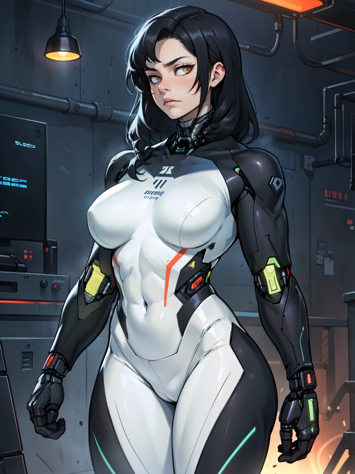 sad girl (((muscular girl large breasts thick toned body cybernetic suit))) pale skin black hair yellow eyes sad thin waist long abs leggings bodysuit