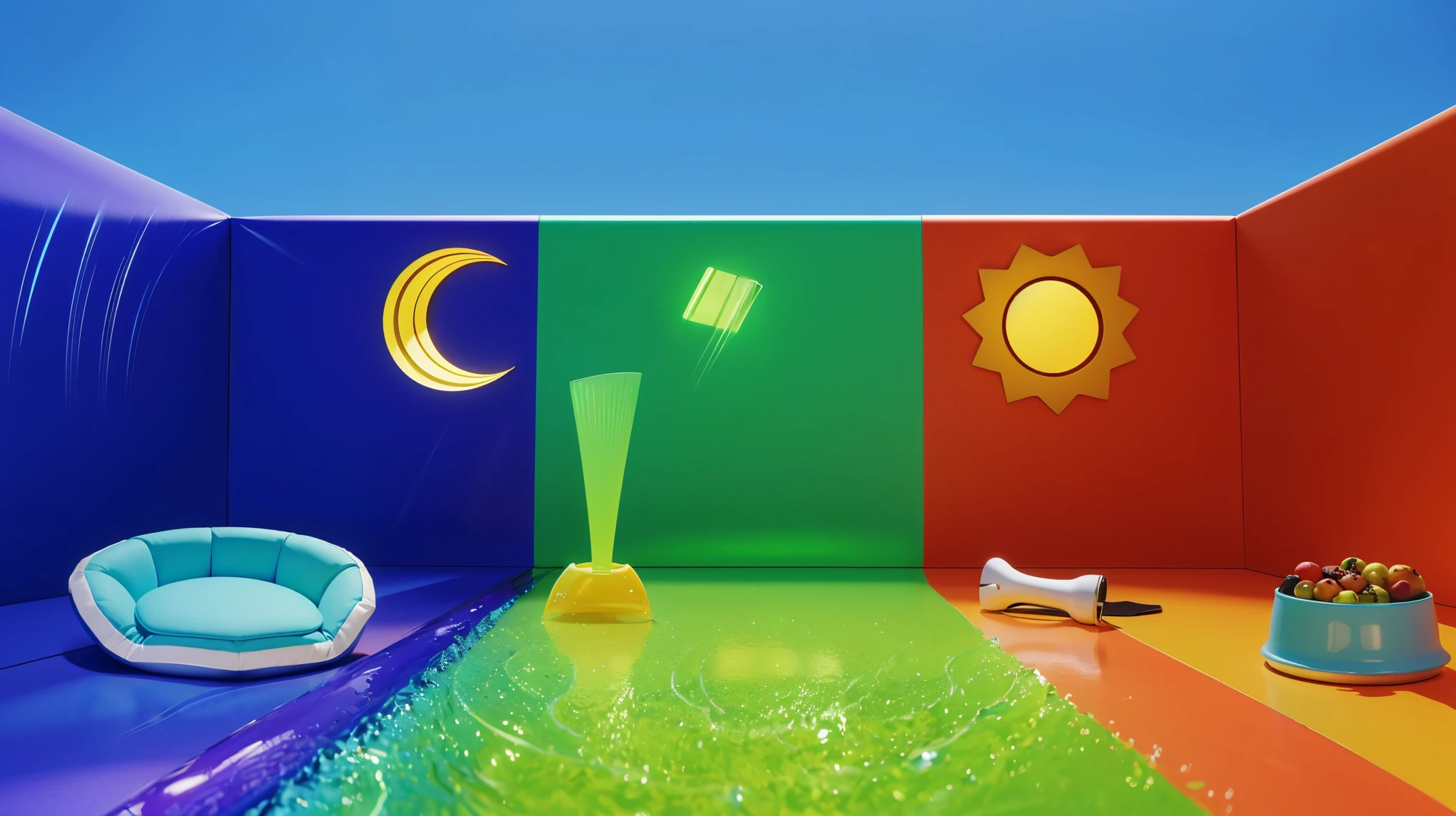 An empty room with a wooden floor, colored walls (red, blue, and green) and a white ceiling. The walls meet at a corner, creating a rainbow color effect on the floor. glossy texture, smooth 3d model, multiple light sources, rim light, sharp post effects render, (glossy plastic texture with multiple big light probe refractions), perfect cgi, smooth silhouette, high intensity refraction, (super glossy material), most beautiful vfx, blue background, plastic refractions, realistic, 4k, high resolution, rim light,  photo shoot, commercial photo,  profile shot, 4k, rim light, high resolution, 4k, glossy texture, smooth 3d model, multiple light sources, rim light, sharp post effects render, (glossy metallic texture with multiple big light probe refractions), perfect cgi, cgi art created only with gradients, smooth silhouette, high intensity refraction, (super glossy chrome material), most beautiful vfx, blue background, chrome metal refractions, multiple light sources, rim light, sharp post effects render, perfect cgi, digital art, detailed digital art, reflective, bestPurple creature with black eyes and a smile and a pool in its mouth deep children's water pool filled with beautiful water with waves. A young girl sits on a pool float with an alien character in the background. The image depicts a close-up of a large, metallic spider-like robot with six legs and a body that resembles a combine