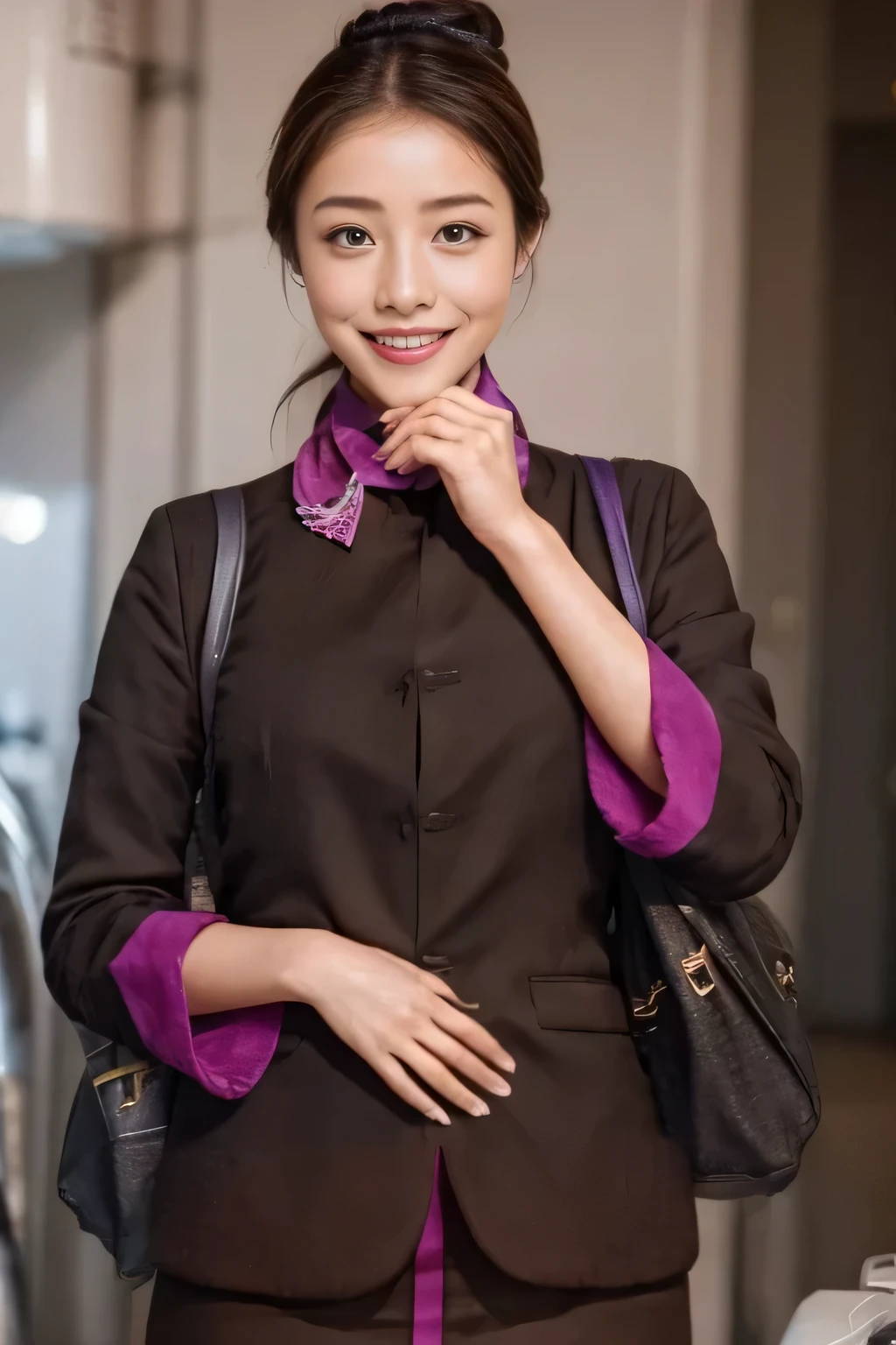 (masterpiece:1.2、highest quality:1.2)、32K HDR、High resolution、(alone、1 girl、Slim figure)、(A realistic reproduction of the ETIHAD Airways Cabincrew Uniform)、 (On board, Professional Lighting)、Background on board、A proper woman, Beautiful Face,、(Long sleeve ETIHAD Airways Cabincrew Uniform)、(ETIHAD Airways Cabincrew Uniform skirt with purple stripe on the front)、(scarf on chest)、Big Breasts、(Chignon、Long hair updo、Hair Bun)、Dark brown hair、Long Shot、((Great hands:2.0))、((Harmonious body proportions:1.5))、((Normal limbs:2.0))、((Normal finger:2.0))、((Delicate eyes:2.0))、((Normal eyes:2.0)))、Beautiful standing posture、smile、Place your hands around your stomach
