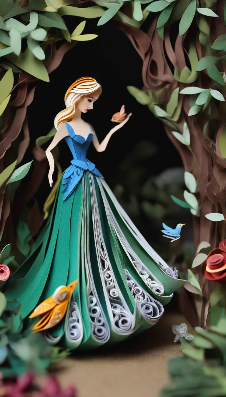 Paper quilling Cinderella in the forest, Multidimensional origami stitch style illustration,Paper seam style snake, a small paper quilling bird is flying,