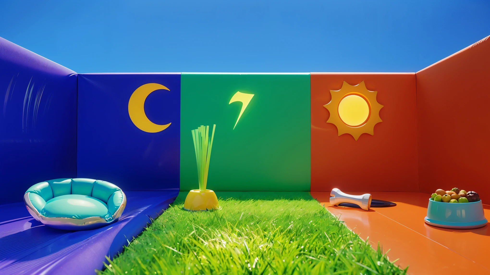 An empty room with a wooden floor, colored walls (red, blue, and green) and a white ceiling. The walls meet at a corner, creating a rainbow color effect on the floor. glossy texture, smooth 3d model, multiple light sources, rim light, sharp post effects render, (glossy plastic texture with multiple big light probe refractions), perfect cgi, smooth silhouette, high intensity refraction, (super glossy material), most beautiful vfx, blue background, plastic refractions, realistic, 4k, high resolution, rim light,  photo shoot, commercial photo,  profile shot, 4k, rim light, high resolution, 4k, glossy texture, smooth 3d model, multiple light sources, rim light, sharp post effects render, (glossy metallic texture with multiple big light probe refractions), perfect cgi, cgi art created only with gradients, smooth silhouette, high intensity refraction, (super glossy chrome material), most beautiful vfx, blue background, chrome metal refractions, multiple light sources, rim light, sharp post effects render, perfect cgi, digital art, detailed digital art, reflective, bestPurple creature with black eyes and a smile and a pool in its mouth deep children's water pool filled with beautiful water with waves. A young girl sits on a pool float with an alien character in the background. The image depicts a close-up of a large, metallic spider-like robot with six legs and a body that resembles a combine