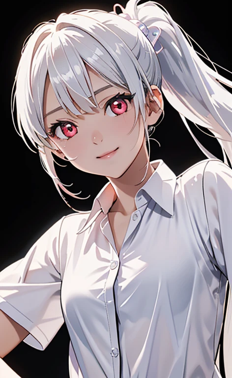 (Photorealistic:1.4)、asuna,(masterpiece、lens flare:1.5、spot light:1.2、Exquisite beautiful eyeonochrome:1.5,portlate、)、Cute Face、 3D Face、(pearl white hair:1.5、Straight Hair)、(low ponytail:1.3),(1 Girl)、(Red eyes:1.2)、(cowboy shot)、(fingersmile),(clavicle)、 (Cute face:1.2),(small breasts),(),kind face,(pearl white collared shirt),(black background:1.5)、(glowing eyes:1.3)、()、 Neat and clean、Adorable、Slim Body(Tareme:1.5),Shiny Hair、(Glowing pink Skin)、Nijisketch,Manga,zydG
