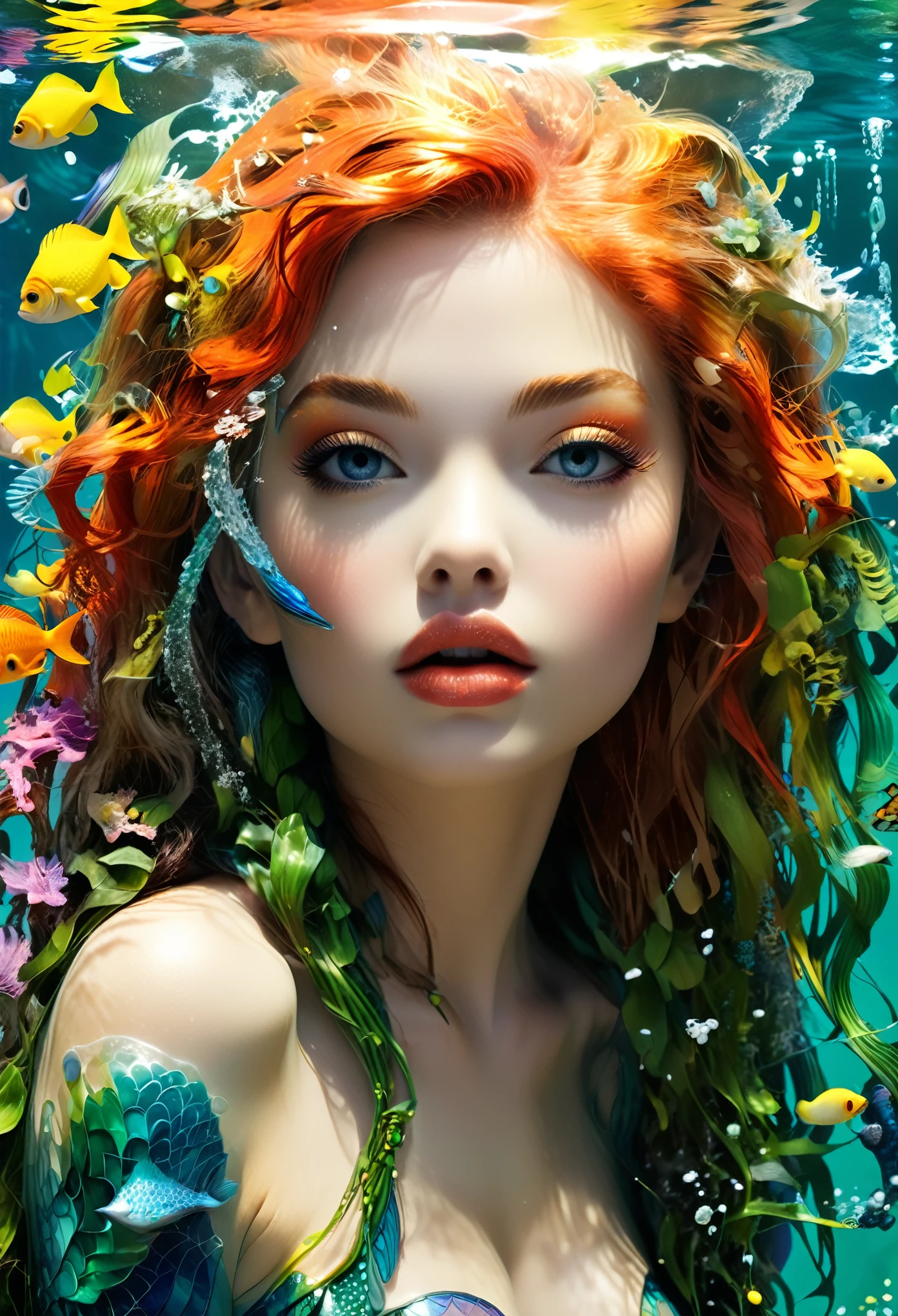 ((A young and breathtakingly beautiful mermaid、Fish body、Fish from the waist down:1.7))、(Underwater light refraction:1.9)、(Buoyancy in water:1.9)、(Lying on the seabed、dim:1.4)、Cowboy Shot、Portrait、The faint light、Detailed Mermaid Features、Beautiful detailed eyes、Beautiful detailed lips、Highly detailed eyes and face、Beautiful detailed hair、Emerald green hair、Long eyelashes、cute、cute、Adorable、colorful、Shiny、Shiny、Glowing Skin、Perfect Skin、Captivating eyes、Luscious Lips、Big Breasts、scale、光り輝くscale、Provocative pose、erotic、dynamic、Whimsical、Whimsical、Playful、fun、Hilarious、happy、Vibrant、bright、magicの、Real、フォトRealistic、フォトRealistic:1.37、(highest quality、4k) 、8k、High resolution、Masterpiece: 1.2)、Super detailed、(Realistic、フォトRealistic、フォトRealistic: 1.37)、Fantasy、Magical Realism、magic、Cinematic lighting、Dramatic lighting、Dramatic color contrast、A little bright color among the dull colors、Glowing Skin、Intricate details、seamless、Cinematic composition、Award-winning digital art