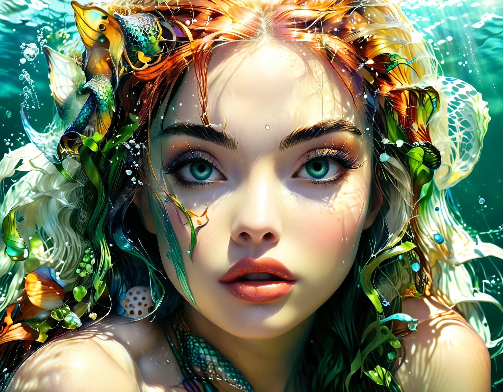 ((A young and breathtakingly beautiful mermaid、Mermaid body from the waist down:1.5))、(Underwater light refraction:1.9)、(Buoyancy in water:1.9)、Dim underwater、Detailed Mermaid Features、Beautiful detailed eyes、Beautiful detailed lips、Highly detailed eyes and face、Beautiful detailed hair、Emerald green hair、Long eyelashes、cute、cute、Adorable、colorful、Shiny、Shiny、Glowing Skin、Perfect Skin、Captivating eyes、Luscious Lips、Big Breasts、Provocative pose、erotic、dynamic、Whimsical、Whimsical、Playful、fun、Hilarious、happy、Vibrant、bright、magicの、Real、フォトRealistic、フォトRealistic:1.37、(highest quality、4k) 、8k、High resolution、Masterpiece: 1.2)、Super detailed、(Realistic、フォトRealistic、フォトRealistic: 1.37)、フルボディーPortrait、Portrait、Fantasy、Magical Realism、magic、Cinematic lighting、Dramatic lighting、Dramatic Colors、Bright colors、Glowing Skin、Intricate details、seamless、Cinematic composition、Award-winning digital art