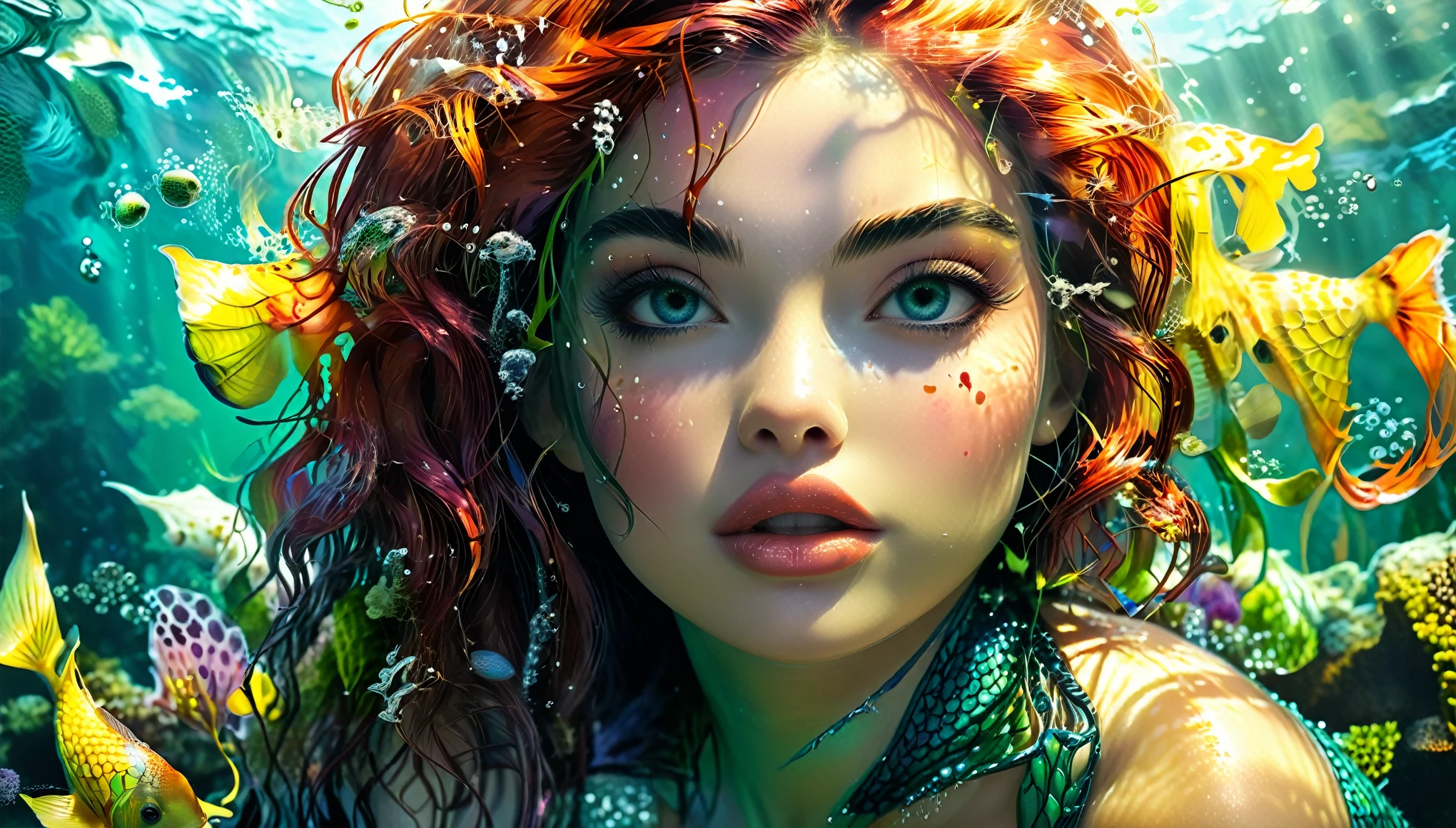 ((A young and breathtakingly beautiful mermaid、Fish body、Fish from the waist down:1.7))、(Underwater light refraction:1.9)、(Buoyancy in water:1.9)、(Lying on the seabed、dim:1.4)、(Cowboy Shot、Portrait:1.5)、The faint light、Detailed Mermaid Features、Beautiful detailed eyes、Beautiful detailed lips、Highly detailed eyes and face、Beautiful detailed hair、Emerald green hair、Long eyelashes、cute、cute、Adorable、colorful、Shiny、Shiny、Glowing Skin、Perfect Skin、Captivating eyes、Luscious Lips、Big Breasts、scale、光り輝くscale、Provocative pose、erotic、dynamic、Whimsical、Whimsical、Playful、fun、Hilarious、happy、Vibrant、bright、magicの、Real、フォトRealistic、フォトRealistic:1.37、(highest quality、4k) 、8k、High resolution、Masterpiece: 1.2)、Super detailed、(Realistic、フォトRealistic、フォトRealistic: 1.37)、Fantasy、Magical Realism、magic、Cinematic lighting、Dramatic lighting、Dramatic color contrast、A little bright color among the dull colors、Glowing Skin、Intricate details、seamless、Cinematic composition、Award-winning digital art