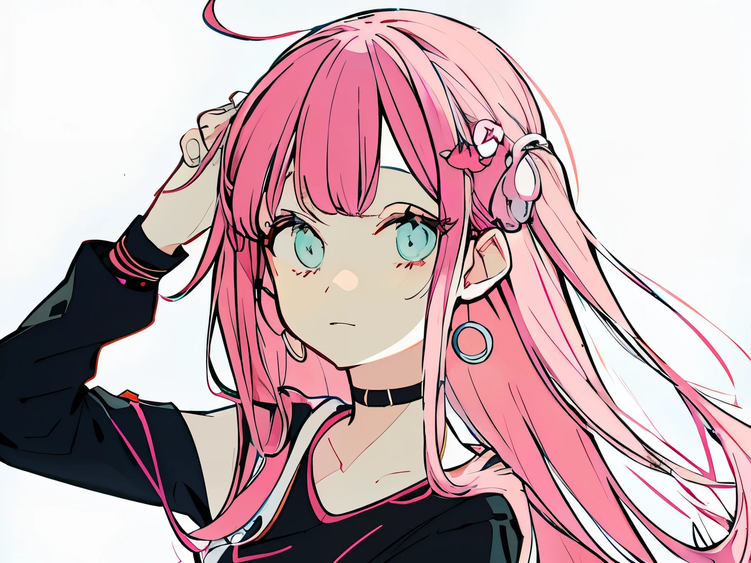 No background、Background white、Straight Hair、Pink Hair、Blunt bangs、headphone, Anime Moe Art Style, Anime Drawings, Anime style portrait, Anime Girlsのポートレート, anime painting, Anime style painting, Anime Sketch, Anime Girlsのポートレート, Anime Portrait, Anime Girls,  Anime Girls, Anime Shading), Anime Shading, Cartoon drawing