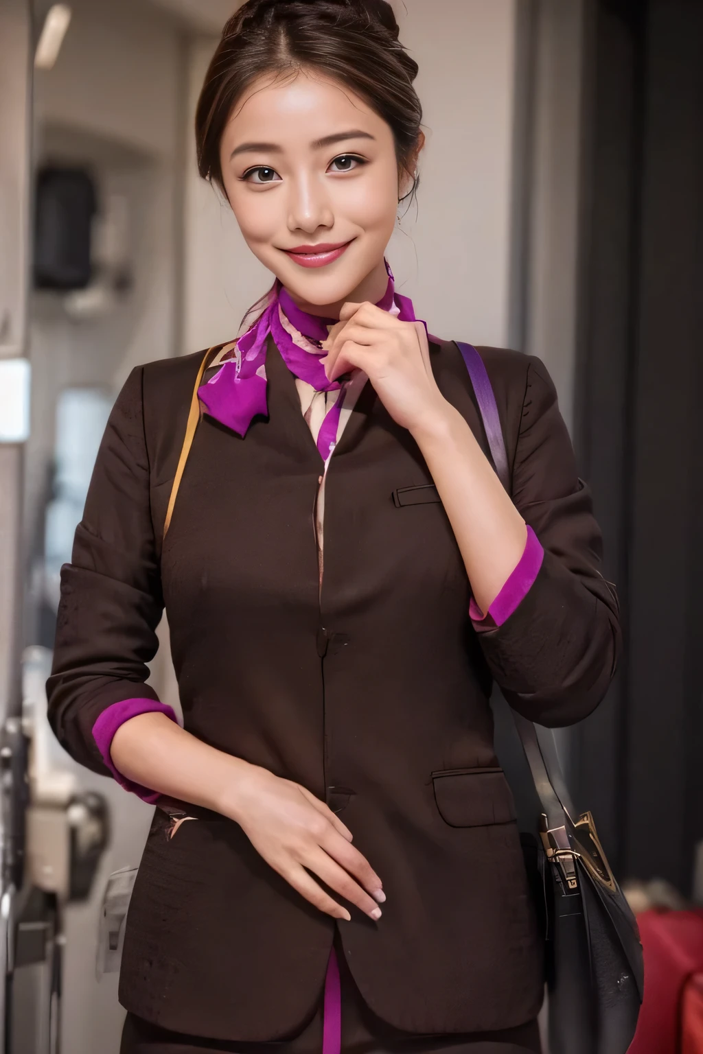 (masterpiece:1.2、highest quality:1.2)、32K HDR、High resolution、(alone、1 girl、Slim figure)、(A realistic reproduction of the ETIHAD Airways Cabincrew Uniform)、 (On board, Professional Lighting)、Background on board、A proper woman, Beautiful Face,、(Long sleeve ETIHAD Airways Cabincrew Uniform)、(ETIHAD Airways Cabincrew Uniform skirt with purple stripe on the front)、(scarf on chest)、Big Breasts、(Chignon、Long hair updo、Hair Bun)、Dark brown hair、Long Shot、((Great hands:2.0))、((Harmonious body proportions:1.5))、((Normal limbs:2.0))、((Normal finger:2.0))、((Delicate eyes:2.0))、((Normal eyes:2.0)))、Beautiful standing posture、smile、Place your hands around your stomach