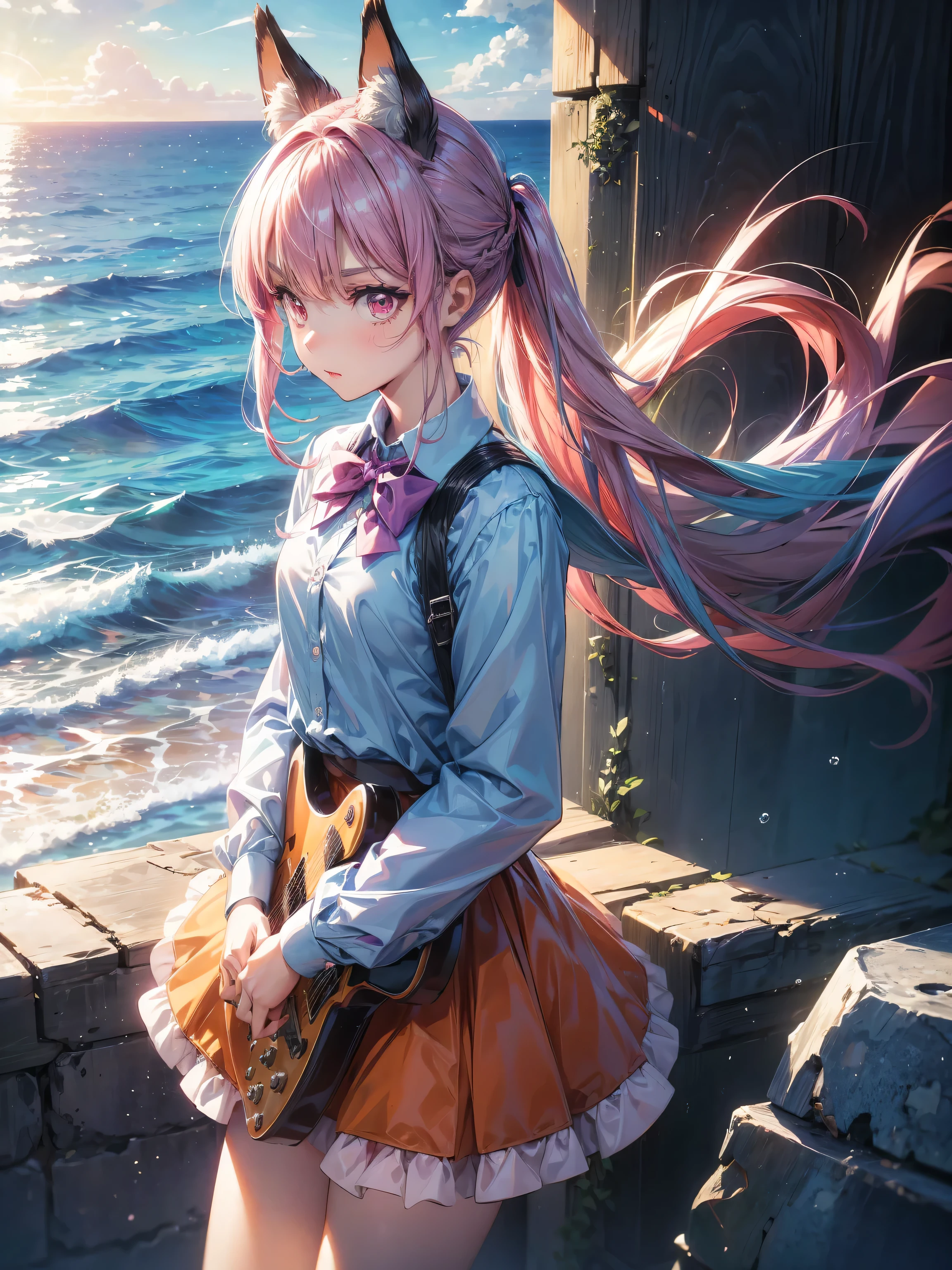 (1 Girl, size), (guitar Solitary), bubble skirt, aqua shirt, bow, bowtie, Buttons, collared shirt, Poker face, Eyebrows covered by hair, fox mask, Cowboy shooting, long hair, Long sleeve, mask, multicolored Buttons, pink eyes, Pink Hair, orange skirt, lattice, lattice shirt, purple bow, purple bowtie, shirt, skirt, Solitary, very long hair, Ocean, Ocean, Ocean Beach, cloudy, Sunlight, dusk, moon, cloud, Sky, outdoor, cloudy Sky, leaf, ruins, Sunlight, Post-apocalyptic, side view