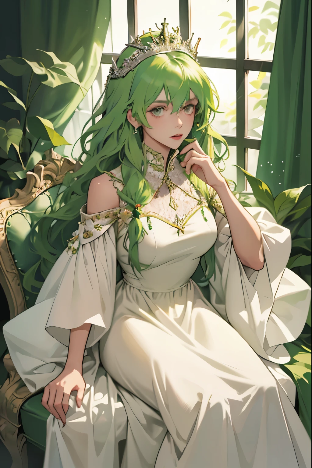 (masterpiece, highest quality), 1 Girl, alone, (Queen:1.15), Green Hair, Long Hair, curtain, White Dress, Queen&#39;s Dress, Aurora, (sunlight, null, river, forest), Expressionless, Red eyes, (Art Nouveau:1.2), Alphonse Mucha, tiara, (Face focus, Upper Body), (Red Throne:1.12), Very intricate details, Realistic Light, smile