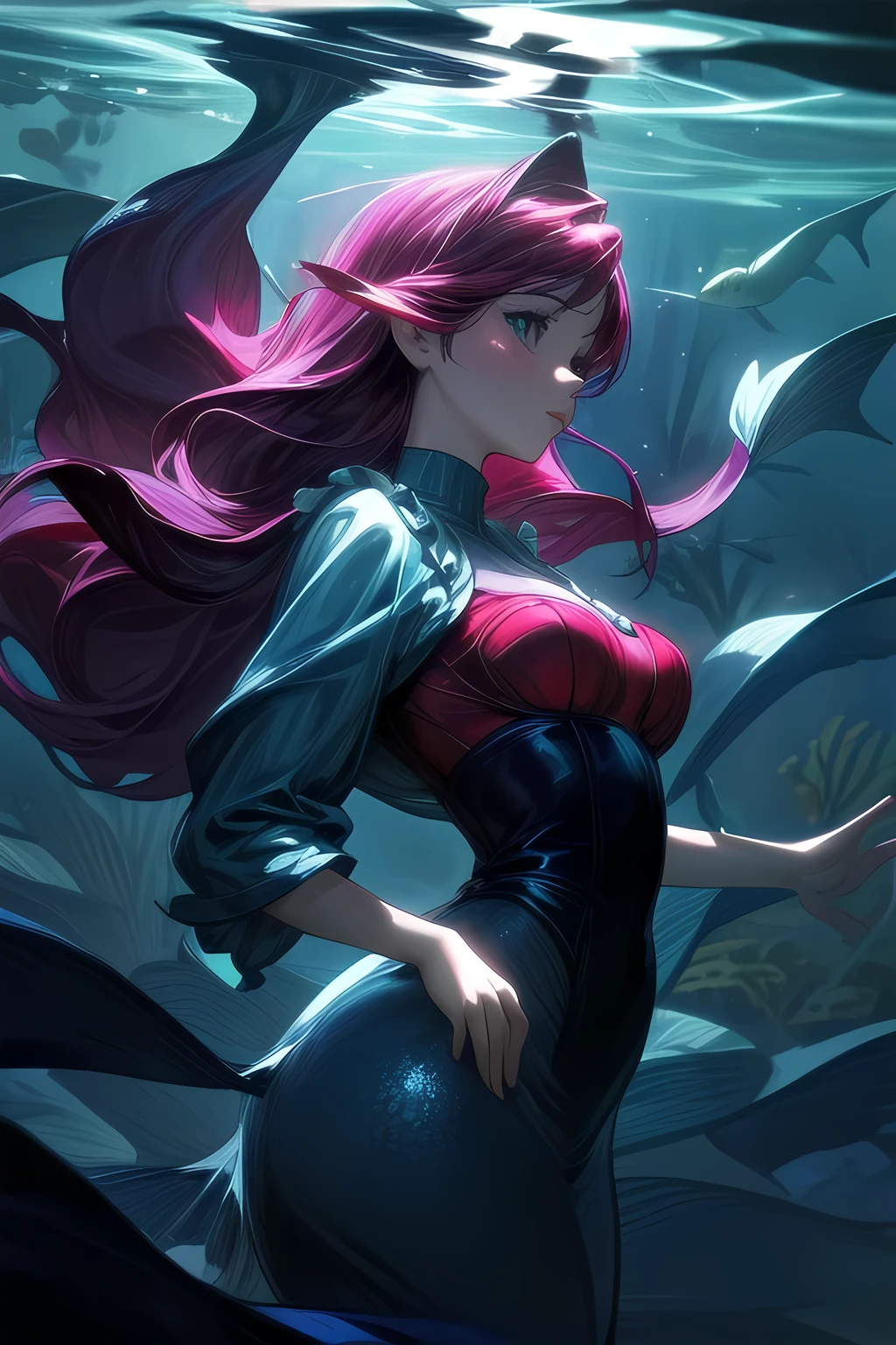The Little Mermaid, under the sea, detailed fish tail, high-neck shirts, front view, large breasts