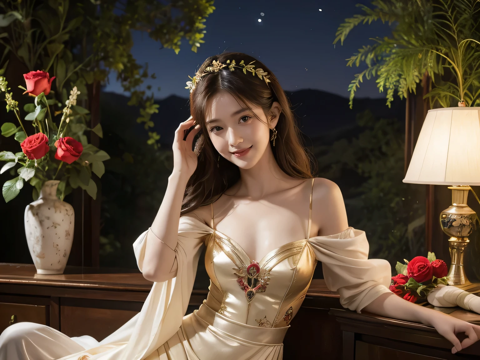 Giorgione painting style,Arguments of two female Philosophe,math、astronomical machine、astronaut、roses in vase、fruits、Cute trinkets、smile、ancient greek costume、Background is a forest lake at night 、Clothes that stretch your shoulders、A big smile、beautiful bare skin、A detailed representation of the seducing woman throughout her body.