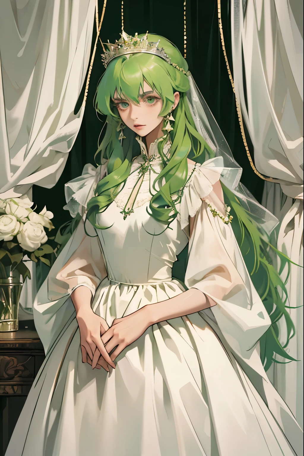 (masterpiece, highest quality), 1 Girl, alone, (Queen:1.15), Green Hair, Long Hair, curtain, White Dress, Queen&#39;s Dress, Aurora, (sunlight, null, river, forest), Expressionless, Red eyes, (Art Nouveau:1.2), Alphonse Mucha, tiara, (Face focus, Upper Body), (Red Throne:1.12), Very intricate details, Realistic Light, smile