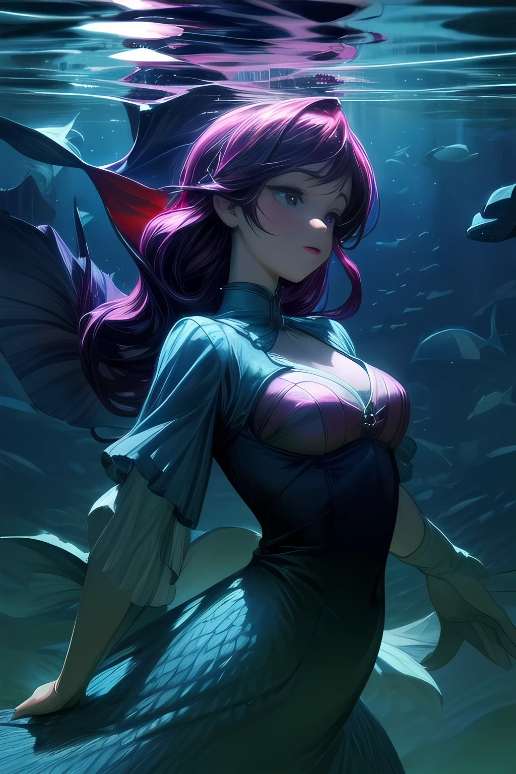 The Little Mermaid, under the sea, detailed fish tail, high-neck shirts, front view, large breasts