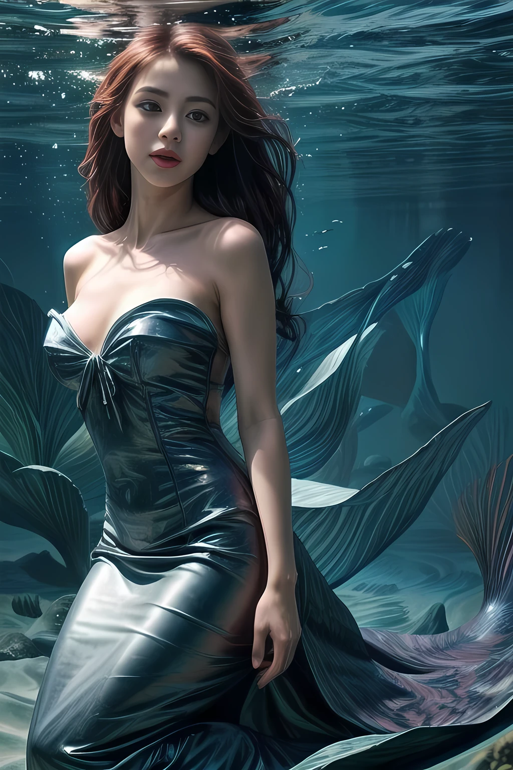 The Little Mermaid, under the sea, detailed fish tail, high-neck shirts, front view, large breasts