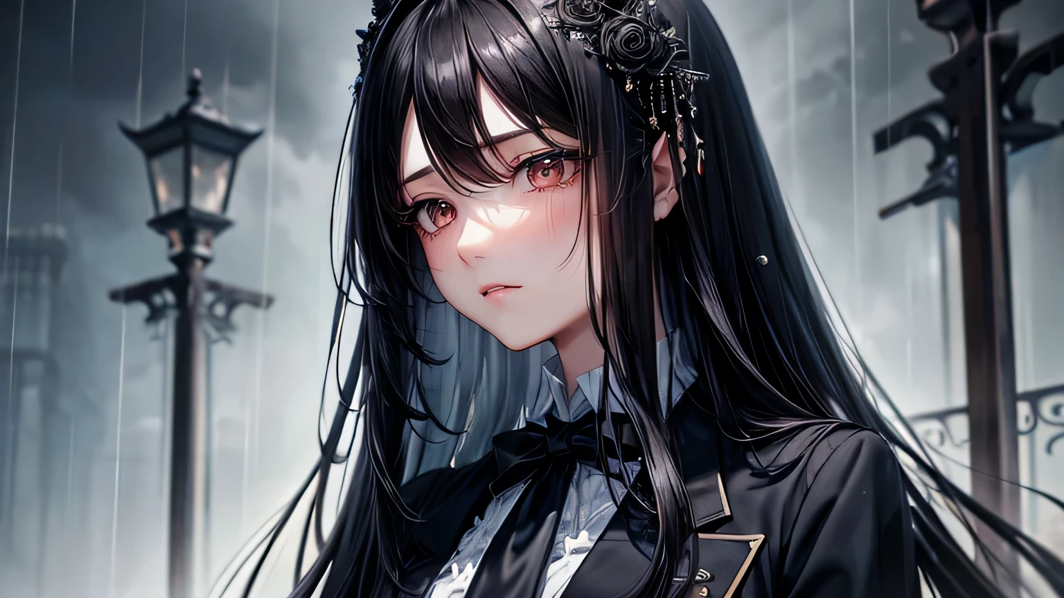 highest quality、Highest quality、Detailed facial expressions、((One beautiful woman、alone))、((Black Hair:1.3))、Beautiful light brown hair、Beautiful straight long hair、Gothichorror、((blazer:1.2))、Mourning clothes、Rain's Graveyard、Beautiful and detailed eye depiction、Beautiful and detailed hair、Beautiful and detailed facial expressions、rain、Black Veil、Bloody、Expressionless、