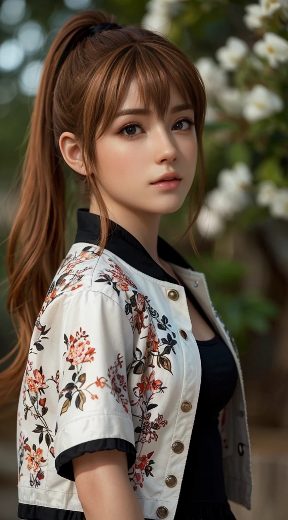 Kasumi, light brown eyes, (best quality, ultra-detailed), (realistic:1.37), beautiful and detailed face, ultra-realistic texture, delicate face, delicate body, red lipstick, bright colors. High definition, 8K. athletic body