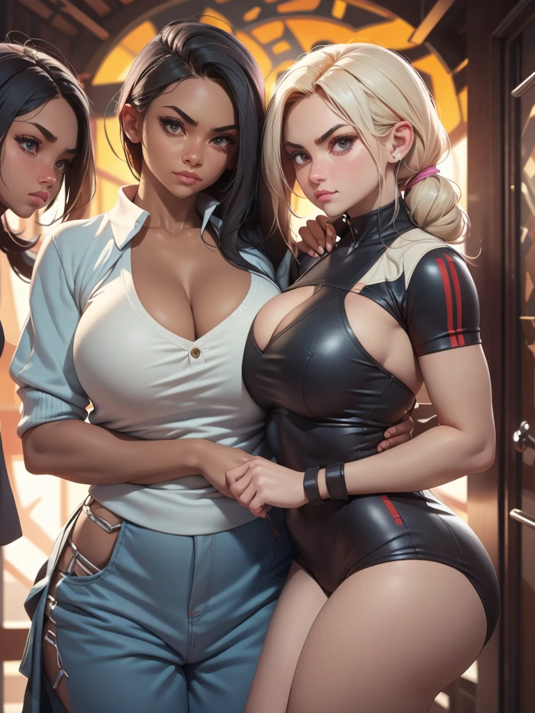 (Best Quality, 2k, Masterpiece, QHD: 1.3, A Handsome short haired african barbarian man is surrounded by three women up against him touching him and gaze at him, at a mansion, wearing Tracksuits that show off body, perfect bodies, women: long flowing hair, seductive, materials, golden hour, , jewelry, golden hour, photorealistic, masterpiece, in love, small grin, perfect faces, Flirtatious-groping
