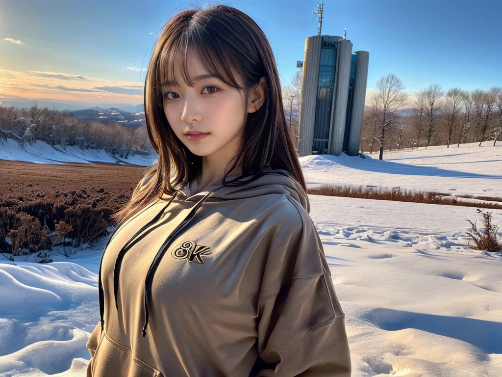 ((top-quality、8K、masterpiece:1.3))、1girl in、Beautiful woman standing on snowy mountain:1.3、(brown long-haired、Colossal tits:1.4)、(Big Silhouette M51 Field Hoodie:1.5)、Super delicate face、Delicat eyes、double eyelid、Close-up of upper body from below、Sunset、(2girls)