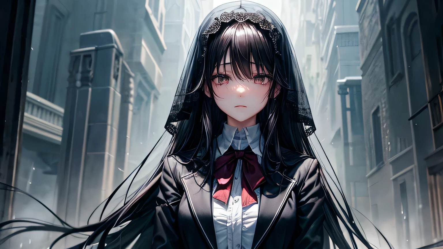 highest quality、Highest quality、Detailed facial expressions、((One beautiful woman、alone))、((Black Hair:1.3))、Beautiful light brown hair、Beautiful straight long hair、Gothichorror、((blazer:1.2))、Mourning clothes、Rain&#39;s Graveyard、Beautiful and detailed eye depiction、Beautiful and detailed hair、Beautiful and detailed facial expressions、rain、Black Veil、Bloody、Expressionless、Rain-soaked clothes、Rain-soaked hair、