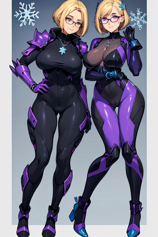 female, blonde short hair with purple trim, purple eyes, robotic, (((1girl))), (((black full body suit))), (blue ice armor breastplate), (blue ice heeled boots), (glasses), (necklace with snowflake pendant), cute and sexy, full body, large breasts, large butt, long legs, smiling