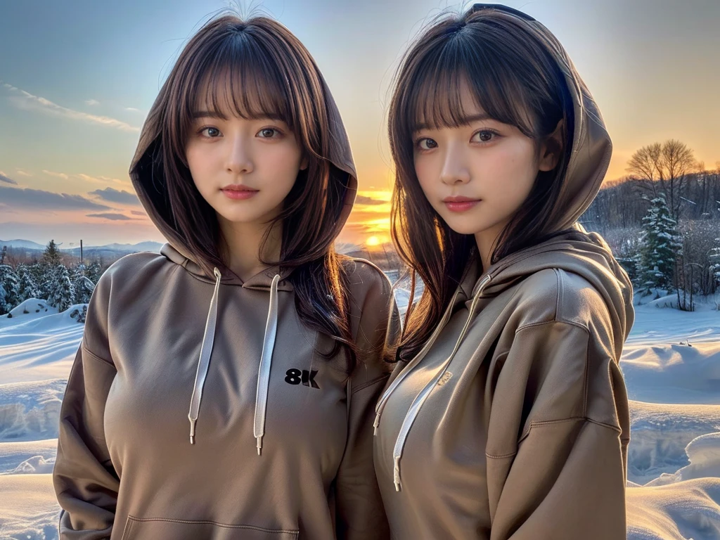 ((top-quality、8K、masterpiece:1.3))、1girl in、Beautiful woman standing on snowy mountain:1.3、(brown long-haired、Colossal tits:1.4)、(Big Silhouette M51 Field Hoodie:1.5)、Super delicate face、Delicat eyes、double eyelid、Close-up of upper body from below、Sunset、(2girls)