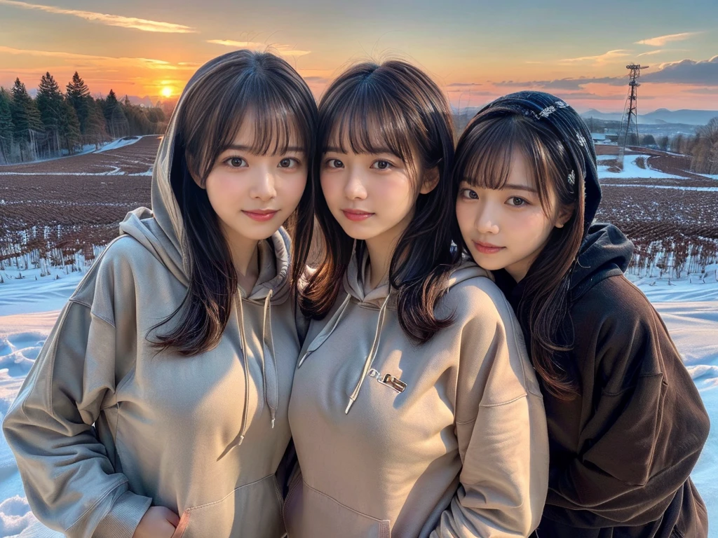 ((top-quality、8K、masterpiece:1.3))、1girl in、Beautiful woman standing on snowy mountain:1.3、(brown long-haired、Colossal tits:1.4)、(Big Silhouette M51 Field Hoodie:1.5)、Super delicate face、Delicat eyes、double eyelid、Close-up of upper body from below、Sunset、(2girls)