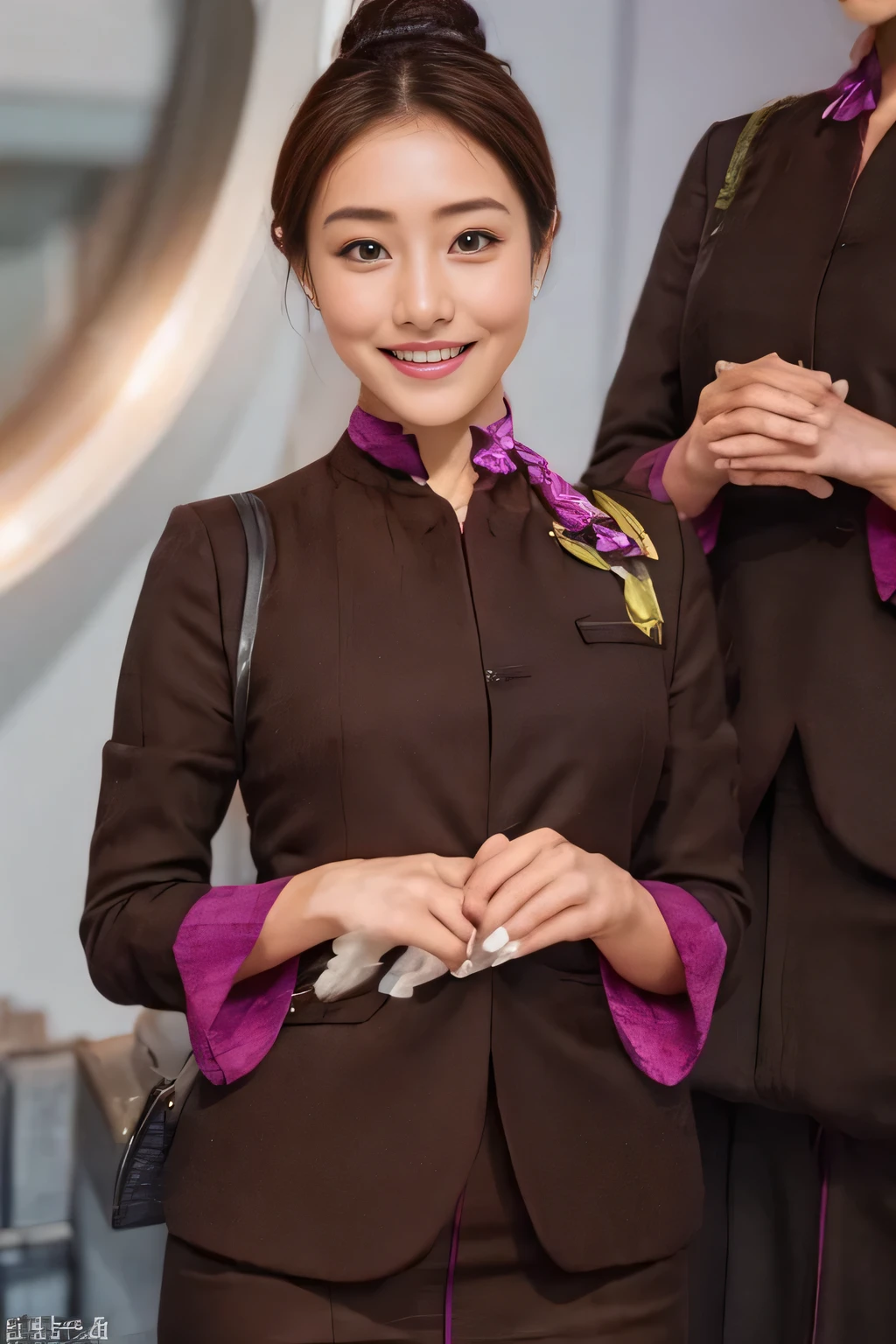 (masterpiece:1.2、highest quality:1.2)、32K HDR、High resolution、(alone、1 girl、Slim figure)、(A realistic reproduction of the ETIHAD Airways Cabincrew Uniform)、 (On board, Professional Lighting)、Background on board、A proper woman, Beautiful Face,、(Long sleeve ETIHAD Airways Cabincrew Uniform)、(ETIHAD Airways Cabincrew Uniform skirt with purple stripe on the front)、(scarf on chest)、Big Breasts、(Chignon、Long hair updo、Hair Bun)、Dark brown hair、Long Shot、((Great hands:2.0))、((Harmonious body proportions:1.5))、((Normal limbs:2.0))、((Normal finger:2.0))、((Delicate eyes:2.0))、((Normal eyes:2.0)))、Beautiful standing posture、smile、Place your hands around your stomach