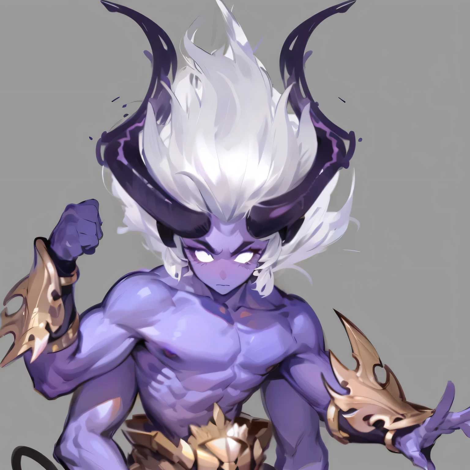 White-haired teenager,Purple Skin,Naked upper body,Four hands,Huge horns