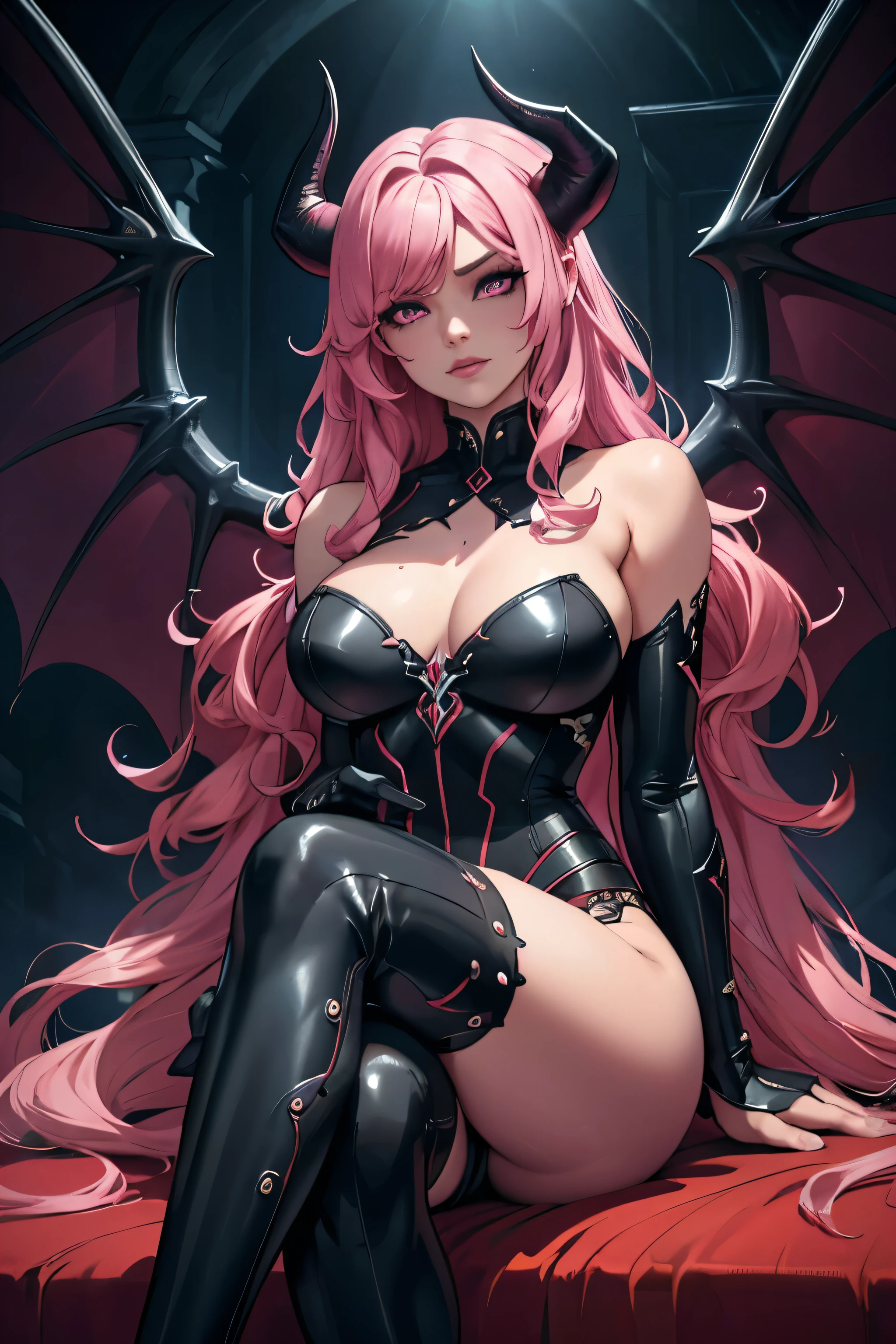 a pink-haired succubus with wavy hair and piercing pink eyes, sitting on a throne, crossed legs, wearing a tight suit and high boots, (best quality,4k,8k,highres,masterpiece:1.2),ultra-detailed,(realistic,photorealistic,photo-realistic:1.37),detailed face,beautiful detailed eyes,beautiful detailed lips,extremely detailed eyes and face,long eyelashes,dark fantasy,dark atmosphere,dramatic lighting,cinematic,moody,vibrant colors, horns and wings