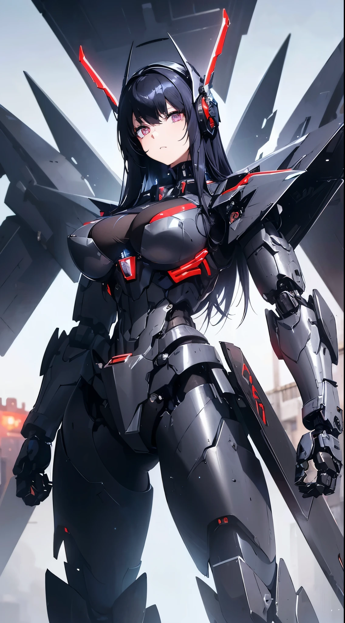 Machine eyes glowing red、Expressionless