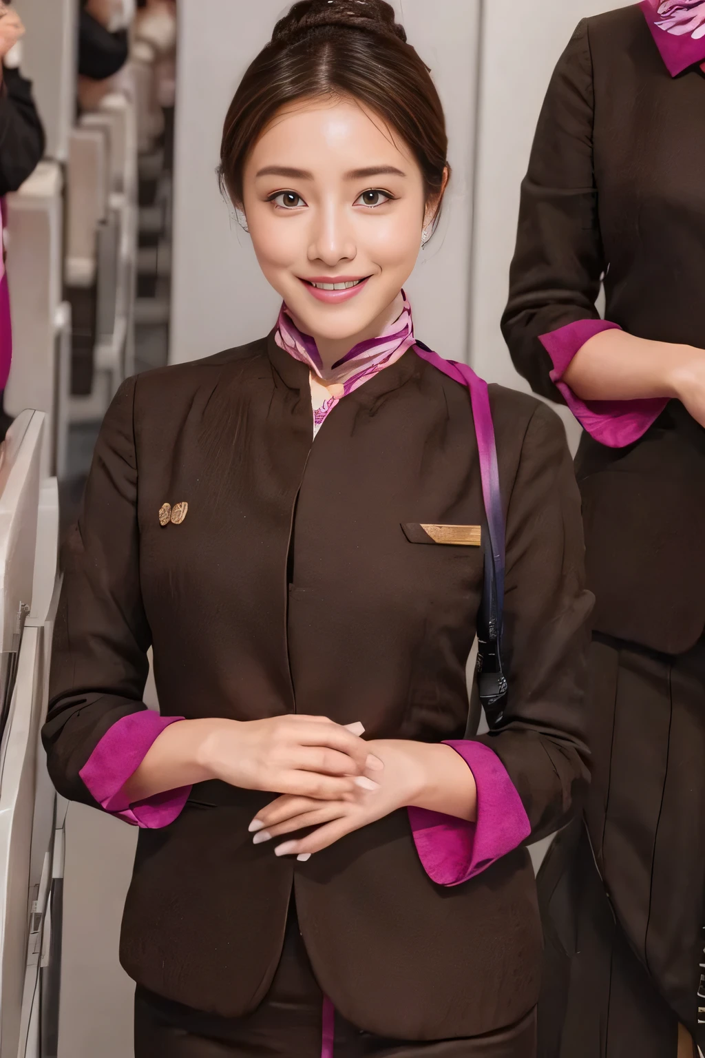 (masterpiece:1.2、highest quality:1.2)、32K HDR、High resolution、(alone、1 girl、Slim figure)、(A realistic reproduction of the ETIHAD Airways Cabincrew Uniform)、 (On board, Professional Lighting)、Background on board、A proper woman, Beautiful Face,、(Long sleeve ETIHAD Airways Cabincrew Uniform)、(ETIHAD Airways Cabincrew Uniform skirt with purple stripe on the front)、(scarf on chest)、Big Breasts、(Chignon、Long hair updo、Hair Bun)、Dark brown hair、Long Shot、((Great hands:2.0))、((Harmonious body proportions:1.5))、((Normal limbs:2.0))、((Normal finger:2.0))、((Delicate eyes:2.0))、((Normal eyes:2.0)))、Beautiful standing posture、smile、Place your hands around your stomach