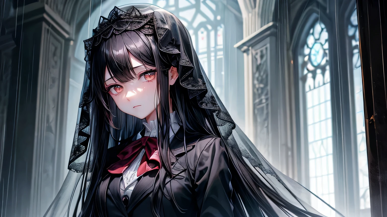 highest quality、Highest quality、Detailed facial expressions、((One beautiful woman、alone))、((Black Hair:1.3))、Beautiful light brown hair、Beautiful straight long hair、Gothichorror、((blazer:1.2))、Mourning clothes、Rain's Graveyard、Beautiful and detailed eye depiction、Beautiful and detailed hair、Beautiful and detailed facial expressions、rain、Black Veil、Bloody、Expressionless、Rain-soaked clothes、Rain-soaked hair、