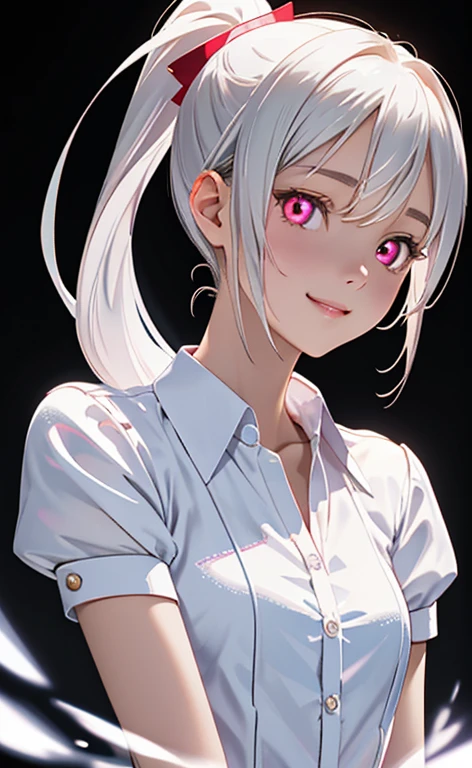 (Photorealistic:1.4)、asuna,(masterpiece、lens flare:1.5、spot light:1.2、Exquisite beautiful eyeonochrome:1.5,portlate、)、Cute Face、 3D Face、(pearl white hair:1.5、Straight Hair)、(low ponytail:1.3),(1 Girl)、(Red eyes:1.2)、(cowboy shot)、(fingersmile),(clavicle:1.2)、 (Cute face:1.2),(small breasts),(),kind face,(pearl white collared shirt),(black background:1.5)、(glowing eyes:1.3)、()、 Neat and clean、Adorable、Slim Body(Tareme:1.5),Shiny Hair、(Glowing pink Skin)、Nijisketch,Manga,zydG