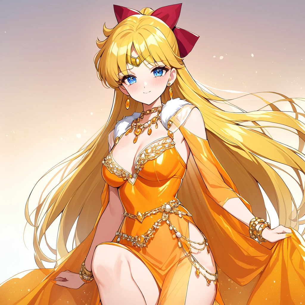 ((highest quality)), ((masterpiece)), (detailed), （Perfect Face）、The woman is Sailor Venus and has long blonde hair.、A gorgeous orange long slit see-through dress that lets you see through to the skin, a see-through cape with fur, a necklace with jewels, a tiara, earrings, a head dress up chain, a waist chain, bracelets, ankle bracelets, etc.々She wears lavish jewelry and shiny orange boots.