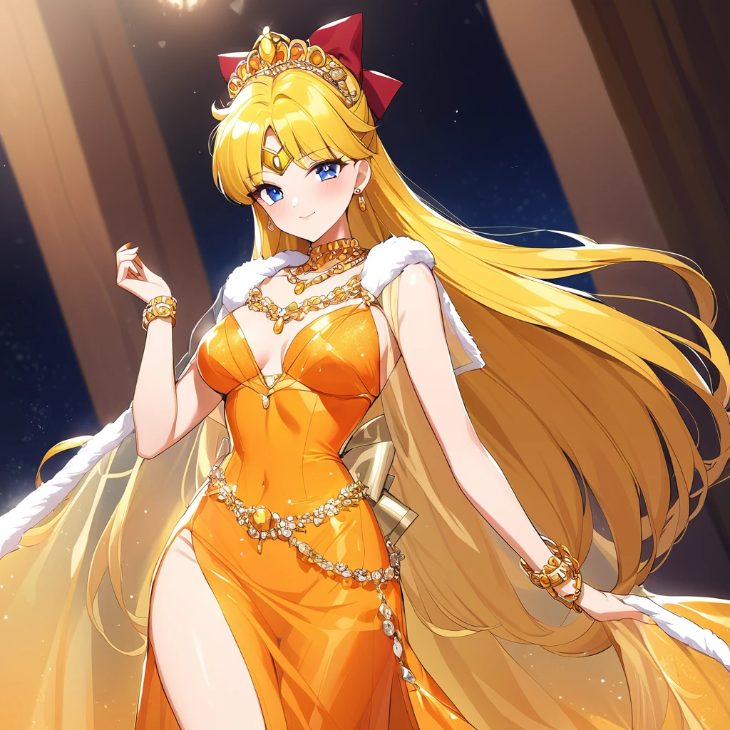 ((highest quality)), ((masterpiece)), (detailed), （Perfect Face）、The woman is Sailor Venus and has long blonde hair.、A gorgeous orange long slit see-through dress that lets you see through to the skin, a see-through cape with fur, a necklace with jewels, a tiara, earrings, a head dress up chain, a waist chain, bracelets, ankle bracelets, etc.々She wears lavish jewelry and shiny orange boots.