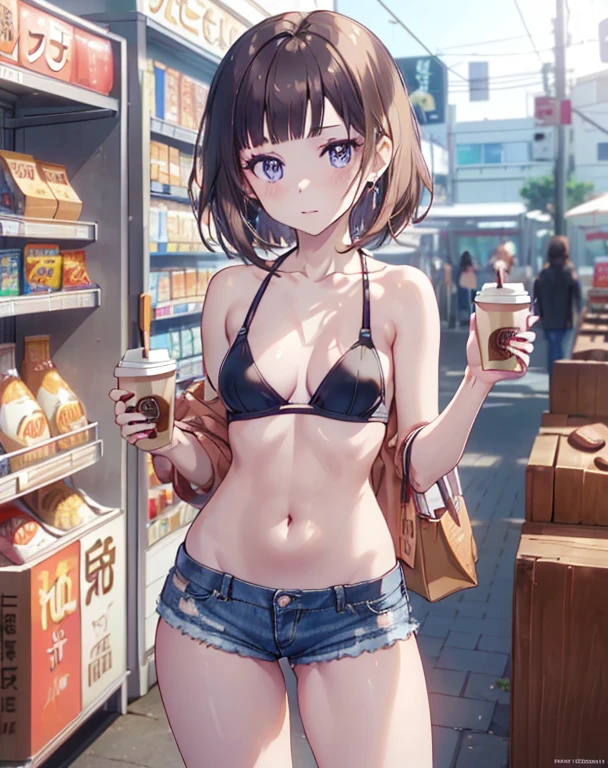 (masterpiece, Best Quality, ultra-detailed, high resolution, extremely detailed CG, official art, Professional Lighting, Perfect Anatomy, anime colors), (from above), looking at viewer, cowboy shot, perfect body, 18yo beautiful 1girl, medium hips, glamorous body,a small face,beautiful-makeup,Makeup light,Shortcut Hair,dark brown hair、Bust b Cup, Amazing Cleavage, thin waist, big ass, Raised sexy, small breast: 1.2 posed cleavage:1.2, (off shoulders,Sportsbra,legginullnude), micro denim shorts, bare legs, nail_polish, pale skin, Waiting friend, (morning:1.5), tokyo, (convenience store:1.3), outdoor, (depth of field:1.3), contrapposto, (Hold a coffee in your hand:1.3),delicate beautiful face, Bright magenta eyes, cute eyes, sparkling eyes, Big eyes, (small breasts:1.3), (perky chest:1.1), (pointed chest:1.3), looking at viewer,